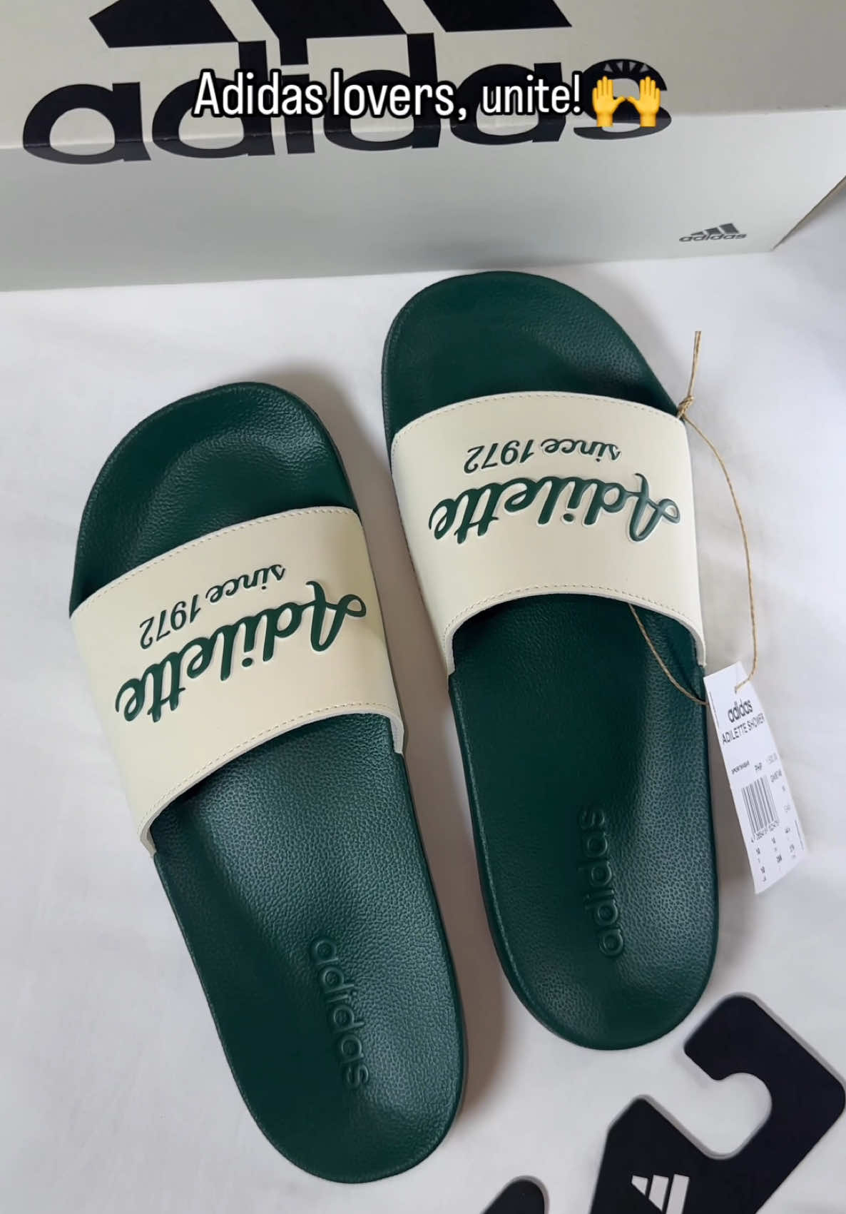 Adidas lovers, unite! Drop a 💚 if you'd rock these Collegiate Green Adillete shower slides. #retailry 