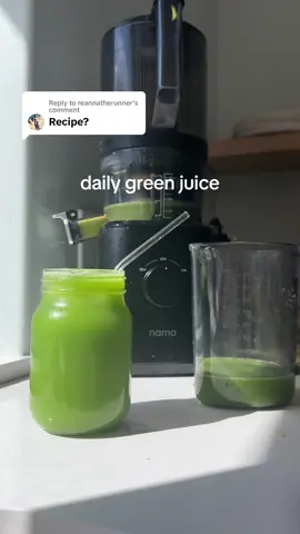 Replying to @reannatherunner here is is my every day green juice! The only variarions being the herbs and adding leafy greens. I sometimes use parsley or basil instead, and i love adding kale and/or spinach 💚  1 celery head  1 cucumber  2 granny smith apples  handful cilantro and mint mix  1/2 lime with peel 1 inch ginger thumb  Juicer is @Nama J2! Use code juicingblonde10 for 10% off✨ #creatorsearchinsights #fyp #viralvideo #greenjuice #greenjuicerecipe #drinkyourgreens #namawell #nama #plantbased #juicecleanse #juicingbenefits #clearskin #skincare #coldpressedjuice #coldpressedjuicer