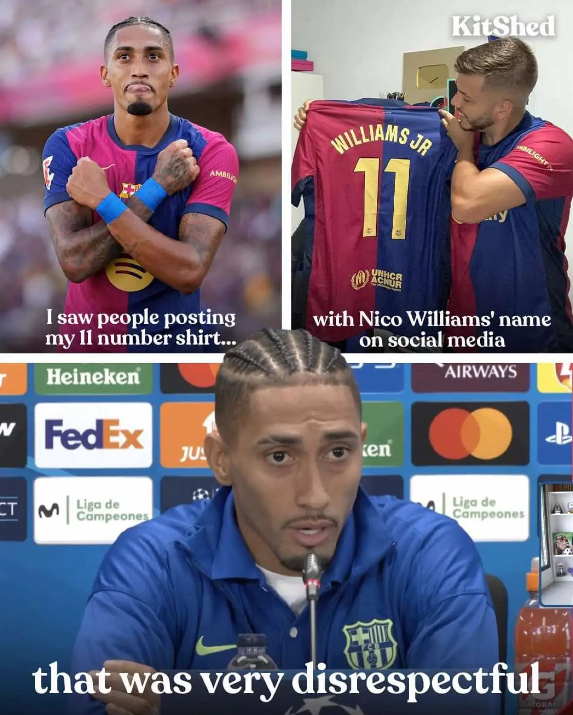 This summer, when Nico Williams was linked with a move to Barcelona, this fan got a 24/25 Barca shirt with ‘Williams 11’ on the back… Raphinha saw it, and has proved his value so far this season! Ahead of Barcelona’s Champions League clash vs Bayern Munich, Raphinha spoke about the picture that he saw- calling it “very disrespectful” 😯 He’s having a much better season so far this year! #FootballShirts #FootballKits #SoccerJerseys