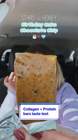 Imma end up getting me a whole box of this flavor! This Birthday Cake Chocolate Chip is the winner so far 🎂🩵 #protein #proteinbarreview #proteinbar #collagenpeptides #collagen #healthsnacks 
