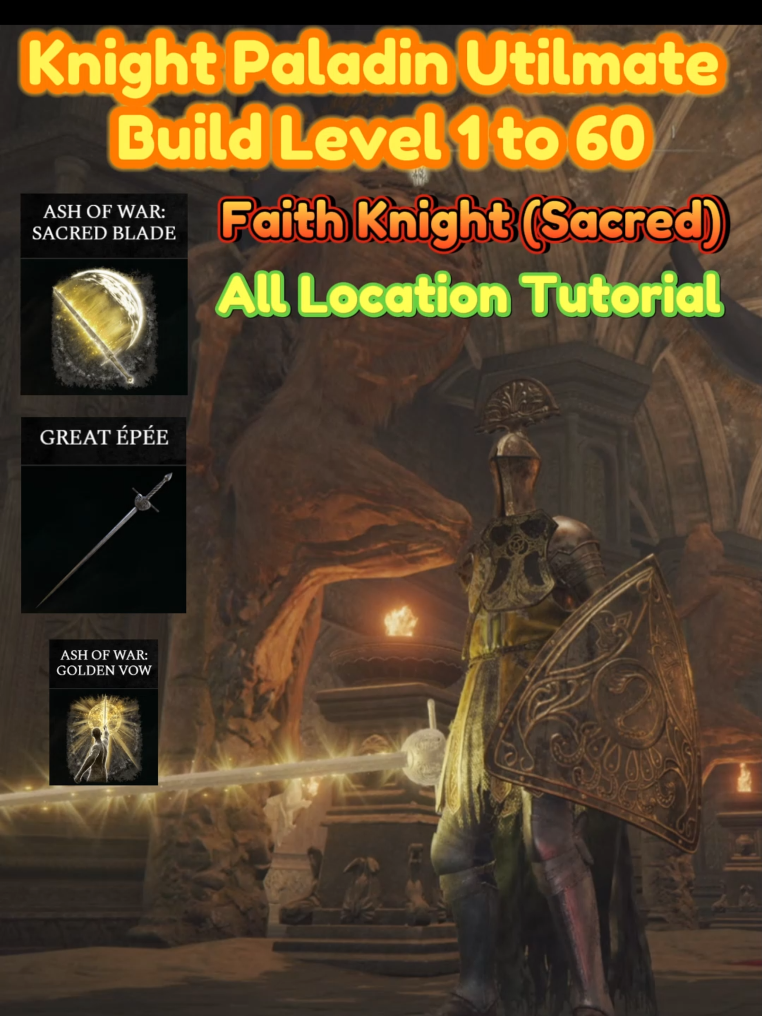 Paladin Sacred Knight (Faith -Holy) Ultimate Build Early Game Level 1 to 60 Elden Ring, Faith Sacred Damage, Ash of War Sacred Blade + Great Epée + Ash of War Golden Vow Location Elden Ring, How to Get Faith Build/Paladin Build Easily and Quickly ? The Best Paladin Knight Build, Early Location + Stats, Elden Ring Tips and Location. the knight paladin build and an excellent choice on elden ring whether early or later in the game, this build is based on the 