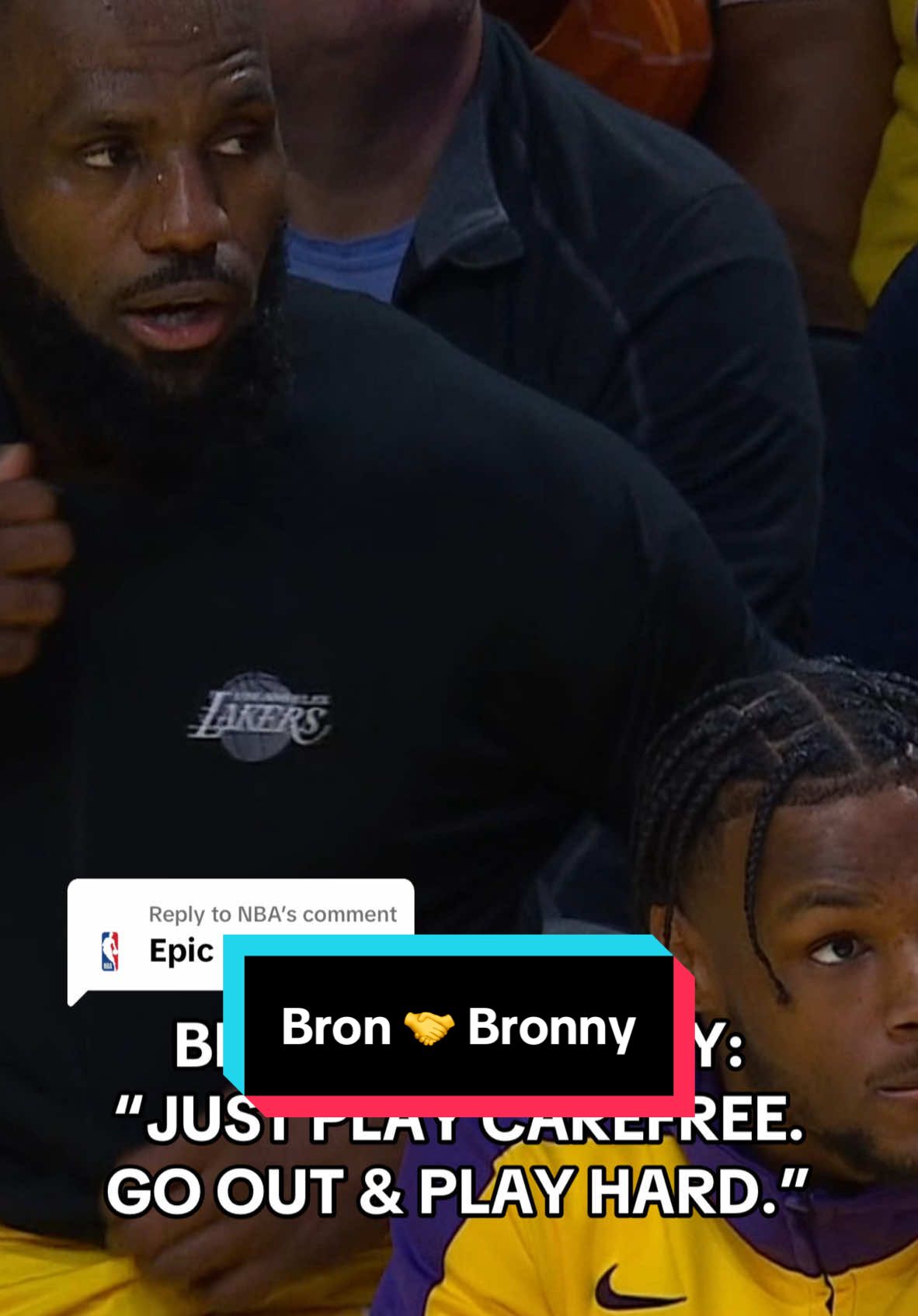 Replying to @NBA The moment before the moment. 🤝 #NBA #LeBron #Bronny #father 