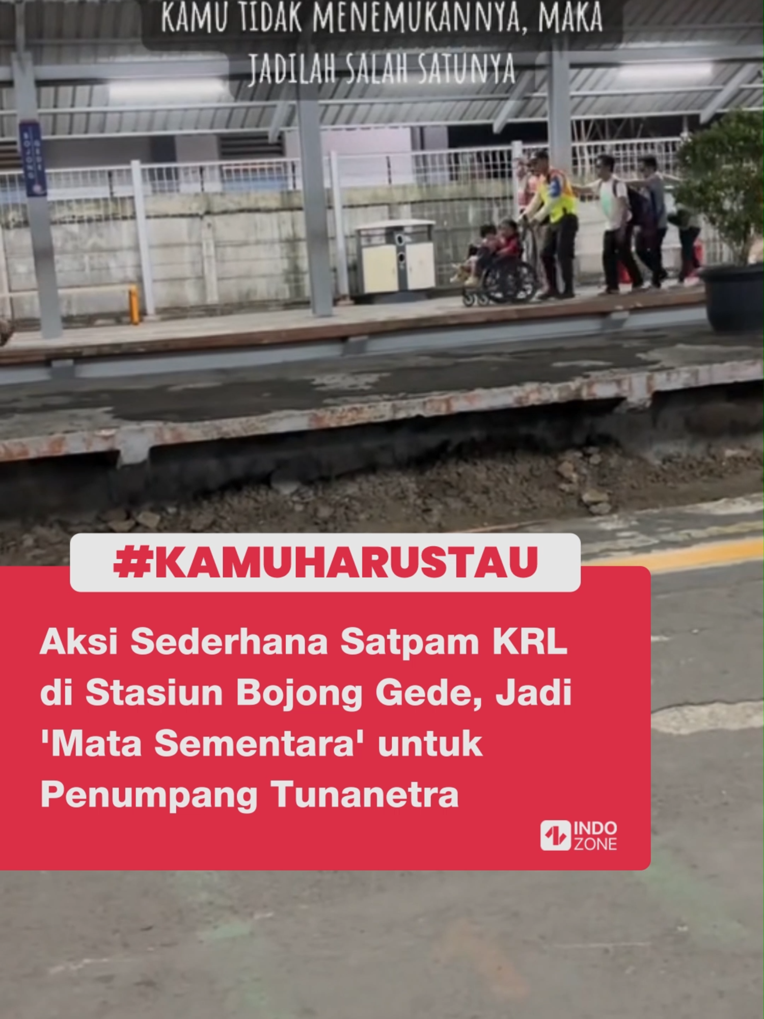 Aksi satpam KRL yang dibagikan oleh akun TikTok acarbakwan ini langsung menuai respons positif warganet. Pada klip berdurasi singkat itu, menampilkan aksi haru seorang satpam KRL di Stasiun Bojong Gede saat membantu beberapa penumpang tunanetra.  Tampak, satpam tersebut dengan sabarnya mendorong sebuah kursi roda dengan penumpang yang sepertinya memiliki keterbatasan fisik. Tak hanya itu, di belakangnya juga ikut berjejer 3 penumpang lainnya dengan kondisi tak bisa melihat.  