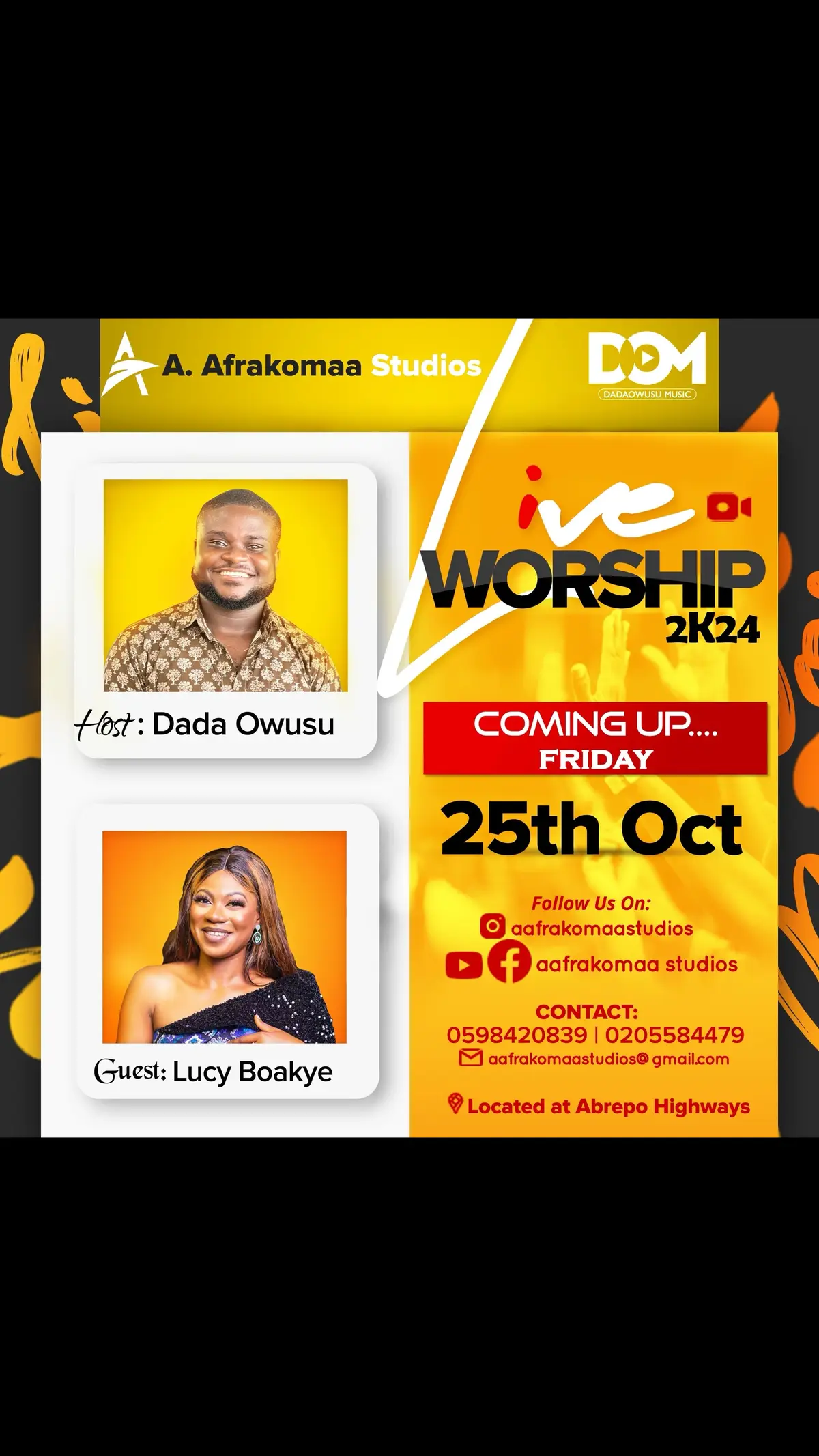 Get ready to be blessed this Friday by the ministry of Min. Lucy Boakye.  This is an episode you don’t want to miss… God is going to be made God. Watch out… #liveworship #aaframomaastudios #liveworshipsession #liveworshipservice #aafrakomaaliveworship