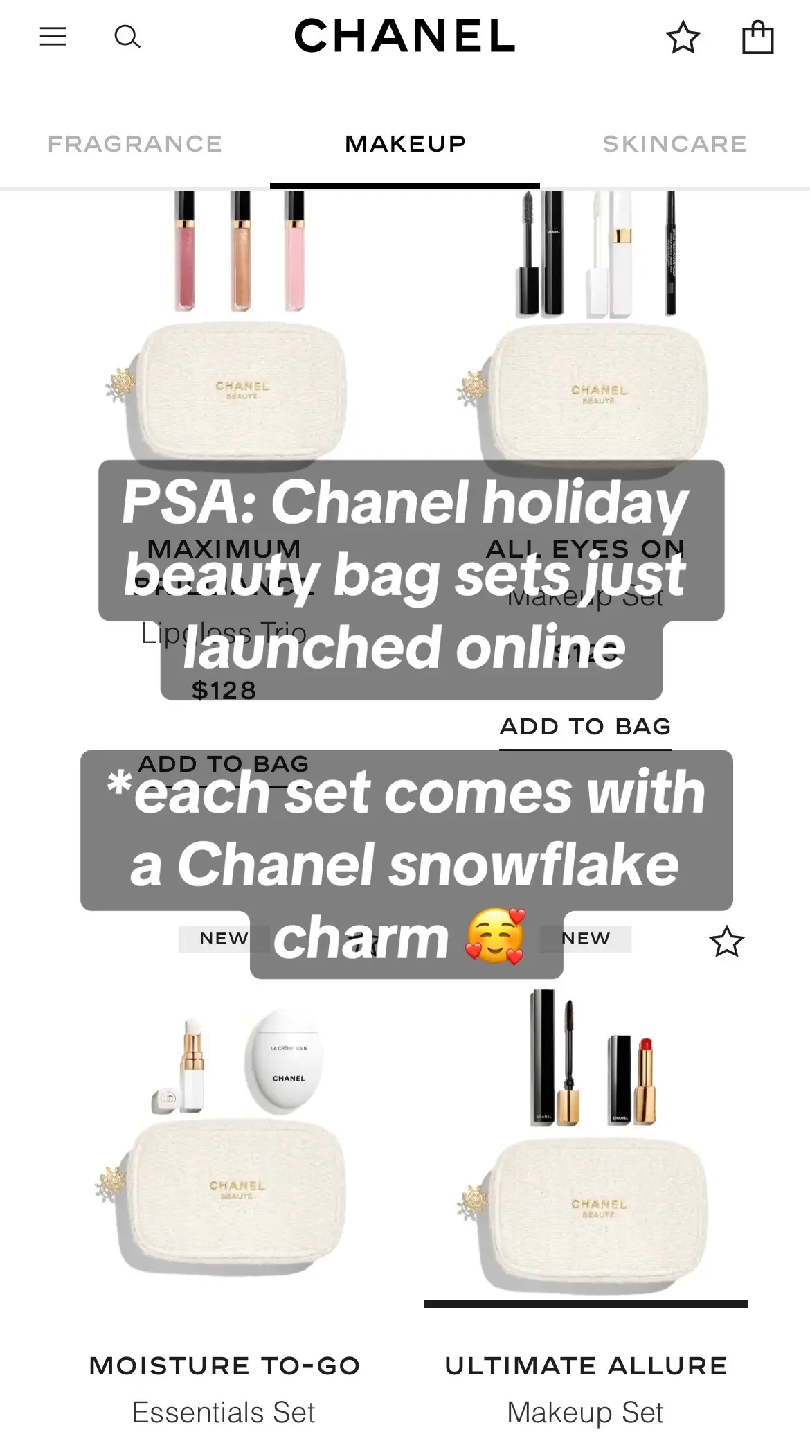 The makeup bag this year are made out of white tweed fabric with Chanel CC snowflake charm zipper 🤍 #chanel #chanelholidaygiftsets #chanelholiday #chanelmakeup #chanelbeauty #holidaygiftguide #makeupaddict 