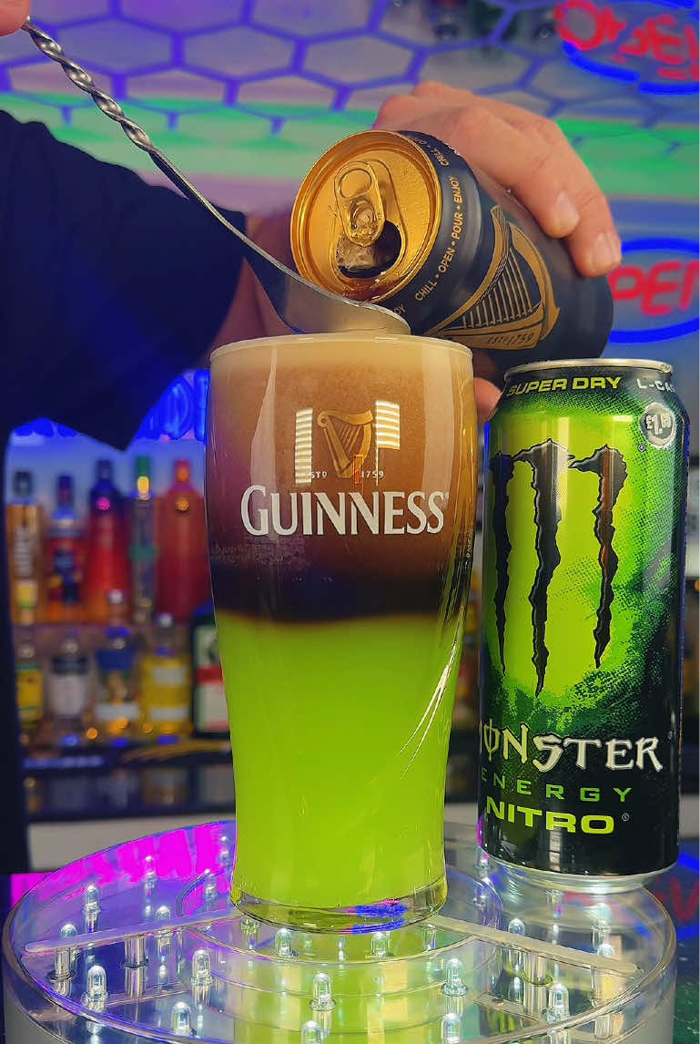 Halloween Guinness 💚🖤 Guinness + Monster or better known as the Gonster #guinness #gonster #monsterenergy #mancavebartender 