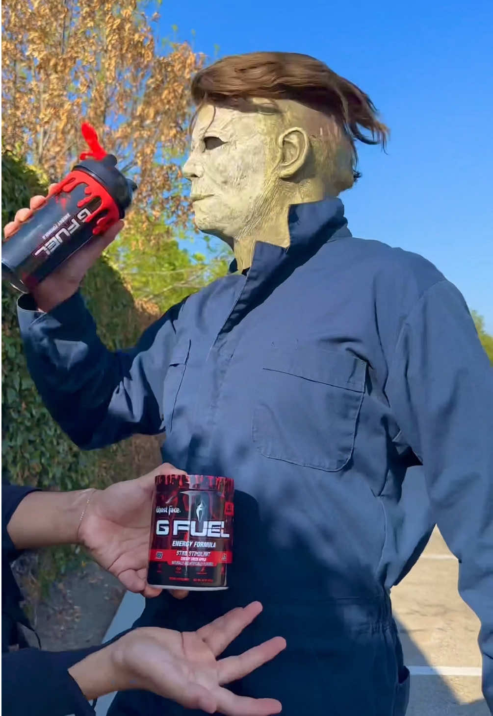 I’m bringing the chase to a whole new level thanks to the new #Ghostface Stab Stimulant energy formula. Now available along with many other Fear Fest flavors @G FUEL Energy  #GFuelPartner Victim: @Maya Peterson 