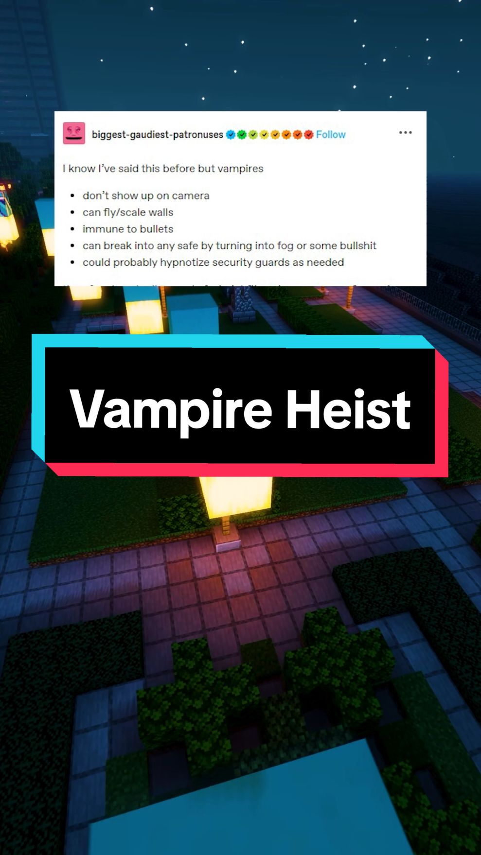 I know l've said this before but vampires • don't show up on camera • can fly/scale walls • immune to bullets • can break into any safe by turning into fog or some stuff . could probably hypnotize security guards as needed. #qna #storytime #funny #tumblr #fanfic #fantasy 