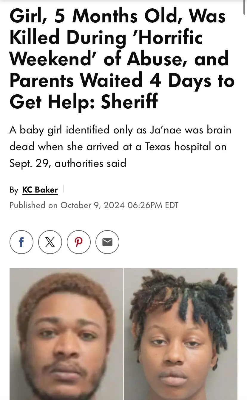 Man wtf 🤬 This is ridiculous!! A 5-month-old Texas girl who was left brain dead after being brutally beaten over the course of a “horrific weekend” has died and now her parents are facing criminal charges, authorities allege. On Sept. 29, the baby girl, identified only as Ja’nae, was rushed to a local hospital suffering from multiple rib fractures and a brain bleed.  “After suffering a horrific weekend starting on 9/26/24, where she was said to be throwing up, partially paralyzed, vomiting blood etc. It wasn’t until Sunday that she was taken to the ER,” Gonzalez wrote.  The baby appeared to have old and new fractures, he wrote. Calling the situation “sad and disturbing, Gonzalez wrote, “Her prognosis was grim” when she arrived at the hospital. Ja’nae, who had “no brain function,” Gonzalez wrote, died of her injuries on Wednesday, Oct. 2. #allkidsmatter #sad #explore #heartbreaking #davonwoods 