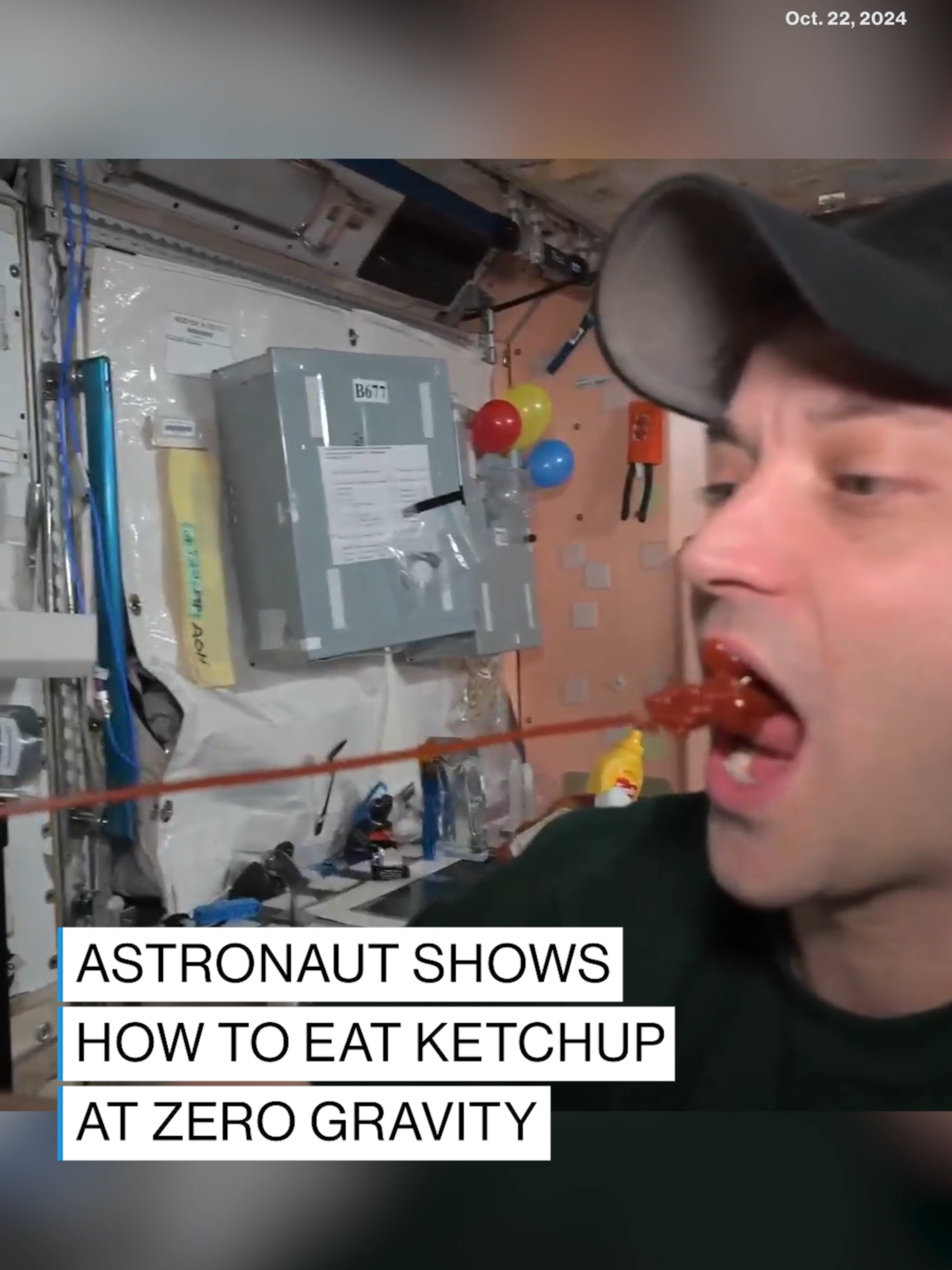 The crew of the International Space Station had some fun in zero-gravity conditions, showing that squeezy ketchup bottles really come into their own when they are off planet Earth. #abcnews #news #ISS #space