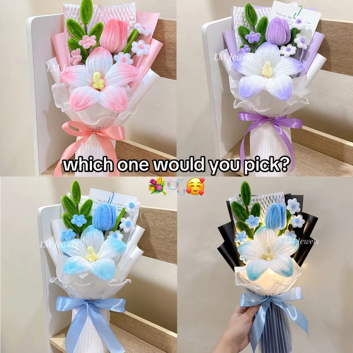 If you can get one of these, which one of these flower bouquets would you pick? ⋆˙⟡♡ This design is one of our best sellers ✨ .. and yes, you can customize it 🫶🏼 #fuzzywire #fuzzywireflowers #flowers #bouquet #fyp #handmadflowers #diyflower #pipecleanerflowers 