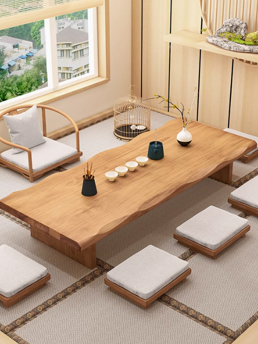 Japanese solid wood tea table and bench combination for patio, porch, verandah, deck, balcony, living room, family living room.