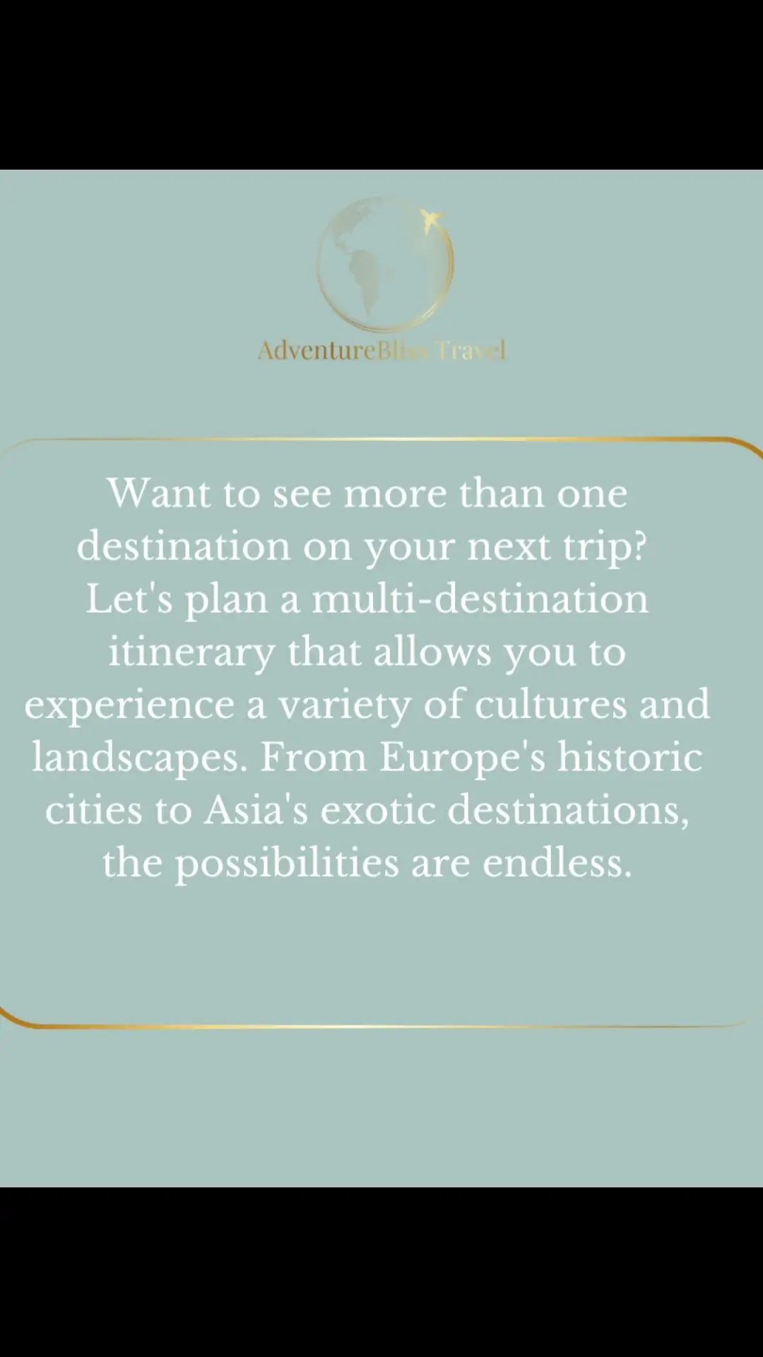 Let’s craft a multi-destination itinerary tailored just for you. As your dedicated travel agent, I’ll help you explore the world’s most exciting destinations, from bustling cities to serene beaches. Together, we’ll plan the perfect trip filled with unique experiences and unforgettable memories.  #travelagent #multidestination #travelitinerary #explore #adventure  