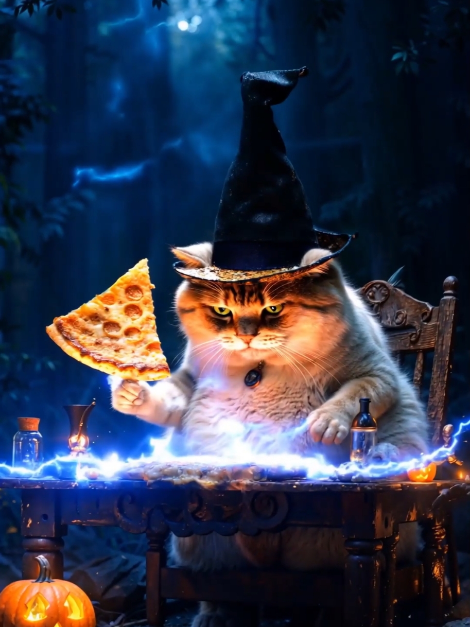 Wizard Cat’s Enchanted Halloween Pizza Feast! 🍕🎃 Follow me for more 😻 #wizardcat #halloween2024 #catsoftiktok 