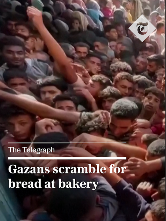 Footage shows crowds of people gathered in front of a bakery in Deir Al-Balah, Gaza, in an attempt to secure bread for themselves and their families. Warnings have been renewed by air agencies on widening malnutrition and the danger of famine. For more from The Telegraph, click the link in our bio. 🔗 #gaza #israel #famine