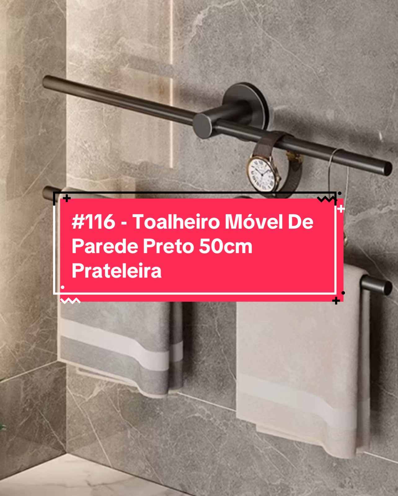 #116 - Toalheiro Móvel De Parede Preto 50cm Prateleira  #ToalheiroMóvel #DecoraçãoDeBanheiro #Organização #PrateleiraPrática #EstiloModerno #BanheiroFuncional #DesignInteligente #EspaçoOtimizado #AcessóriosDeBanheiro #ToalheiroDeParede