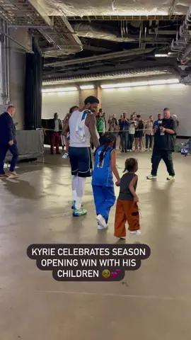 Sweet moment between Kyrie and his kids postgame. Mavs win season opener and Irving scores 15 points in the victory.  #kyrie #kyrieirving #dallasmavericks #dallasmavs #mavs #mffl #NBA #nbabasketball #ballislife #fyp 