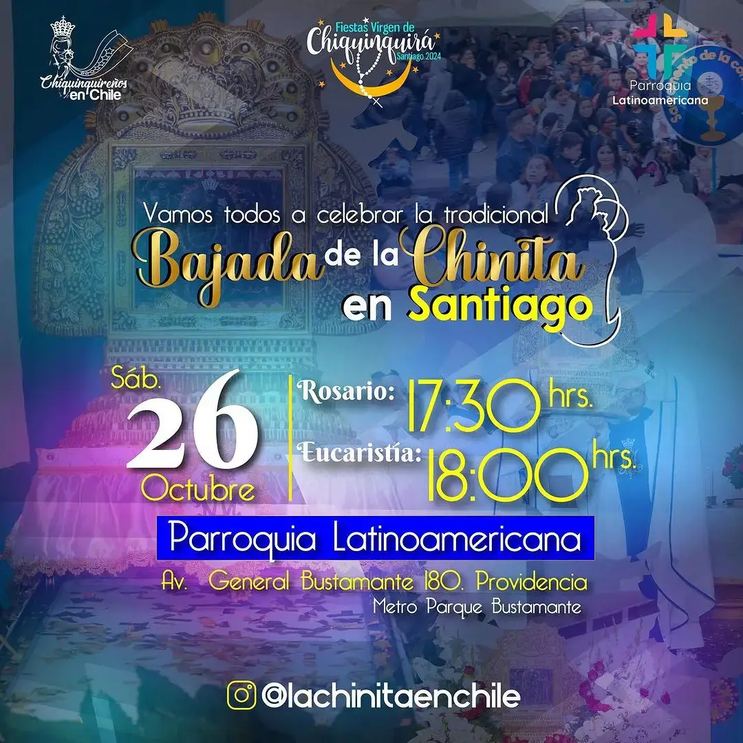 #Repost @lachinitaenchile @El Rey Del Tumbarrancho  —— Este sábado 26 de octubre te invitamos a la tradicional bajada de la chinita, fiesta donde todos los zulianos y devotos nos congregamos para participar del maravilloso encuentro de la virgen con su pueblo. ¡Vamos al encuentro de nuestra Madre con su pueblo! Llenemos de alegría, color, fervor y amor chiquiquinquireño las calles de #Santiago. La feligresía Zuliana en Santiago de Chile se llena de júbilo, recibiendo a la Chinita entre gaitas y oraciones. “Cuando bajan a la Virgen, el cielo viene con ella”. 🩵🤍💫 #BajadaDeLaChinita2024 #FiestasDeLaChinita2024 #ChiquinquireñosEnChile #Chiquinquira #Santiago #GaitaZuliana #Maracaibo #Zulia #Chinita  #Chile #Católicos #virgenmaria 