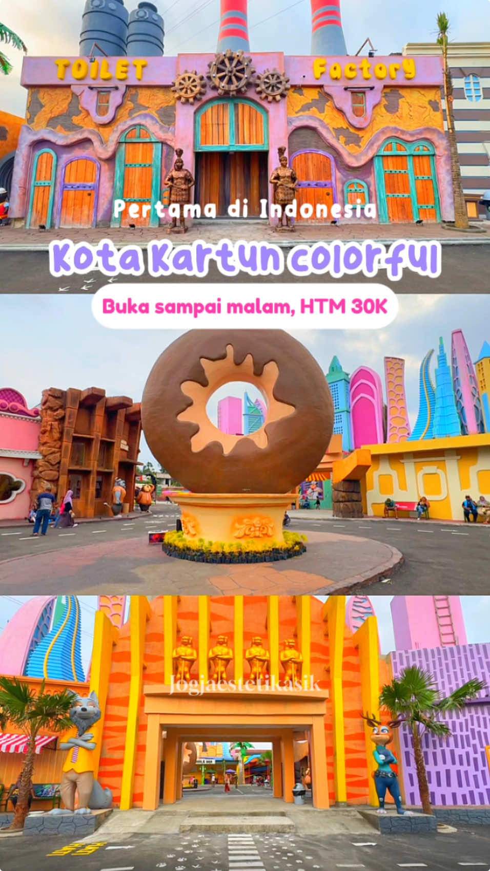 Dunia kota kartun pertama di Indonesia,  yang super colorfull & buka sampai malam hari! Cuma dengan 30K aja bisa masuk ke Ibarbo aviary & ibarbo funtown. Terdapat tiket terusan (Free akses semua wahana) Senin-Jumat 60K Sabtu, Minggu, dan hari libur 65K Di fun town ini ada banyak activity seperti: Monster house: 20K 360 crazy ride: 20K VR Zone: 20K Ball toss: 10K Hunter duck: 10K Pink slide: 20K Dino dokar, E-bike, City Car, Mobil rental, Motor rental: 20K Big car: 25K Mini Train, City Train : 15K Ada berbagai show (FREE) seperti: Animal Show: 11.00 & 16.00 Bird free fly: 15.30 Flashmob costume parade: 16.30 Dragon show: 17.00 Traditional dance: 19.00 Pastikan kalian cek dulu jadwal shownya biar ngga ketinggalan.  Saranku kalian kesini sore sampai malam hari. Selain Biar bisa puas explore semua wahananya, suasana malam harinya tu kerasa magical banget Liburan ke Jogja? Ke Ibarbo aja 😍😍 📍@IBARBO PARK  Jl. Magelang KM.14, Jetis, Caturharjo, Sleman, Yogyakarta Ibarbo Aviary buka: Weekday 09.00-20.00, Weekend 09.00-22.00 Ibarbo Fun Town buka: Weekday 13.00-20.00, Weekend 09.00-22.00 #ibarbopark #wisatajogja #wisatamalamjogja #placetogojogja #pariwisatajogja #rekomendasiwisatajogja