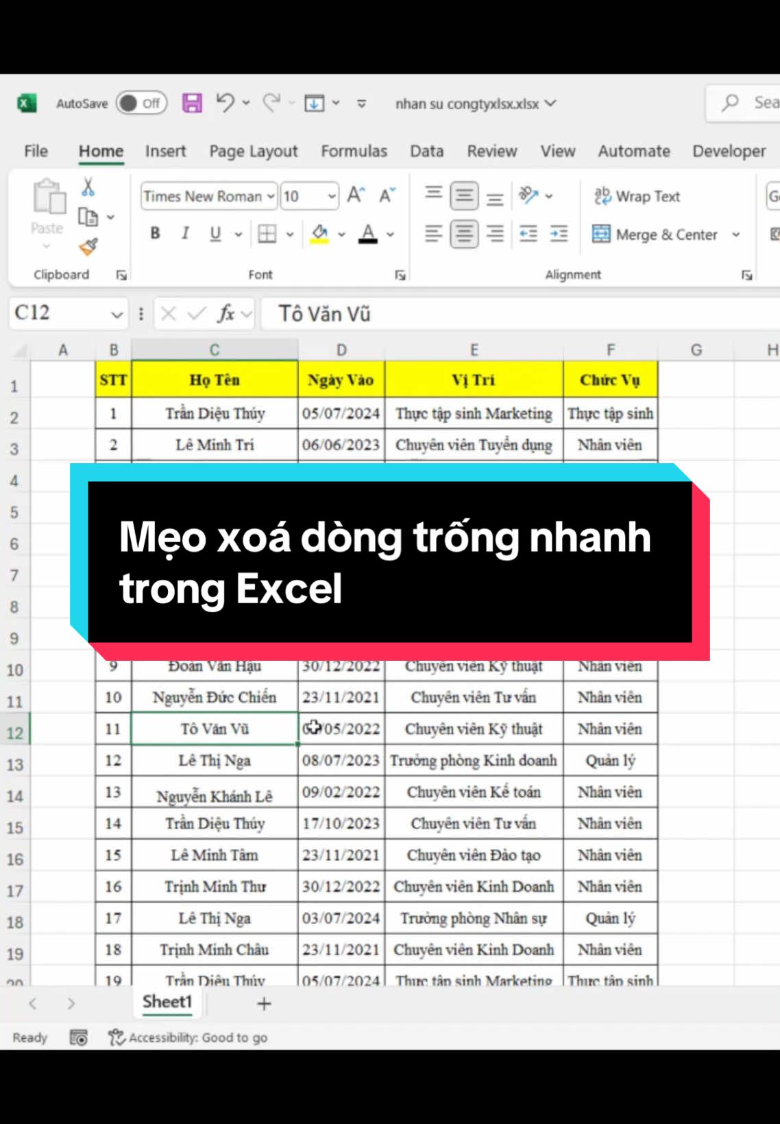 Mẹo xoá dòng trống nhanh trong Excel #word #excel #sachtinhocvanphong #tinhocvanphong #LearnOnTikTok 