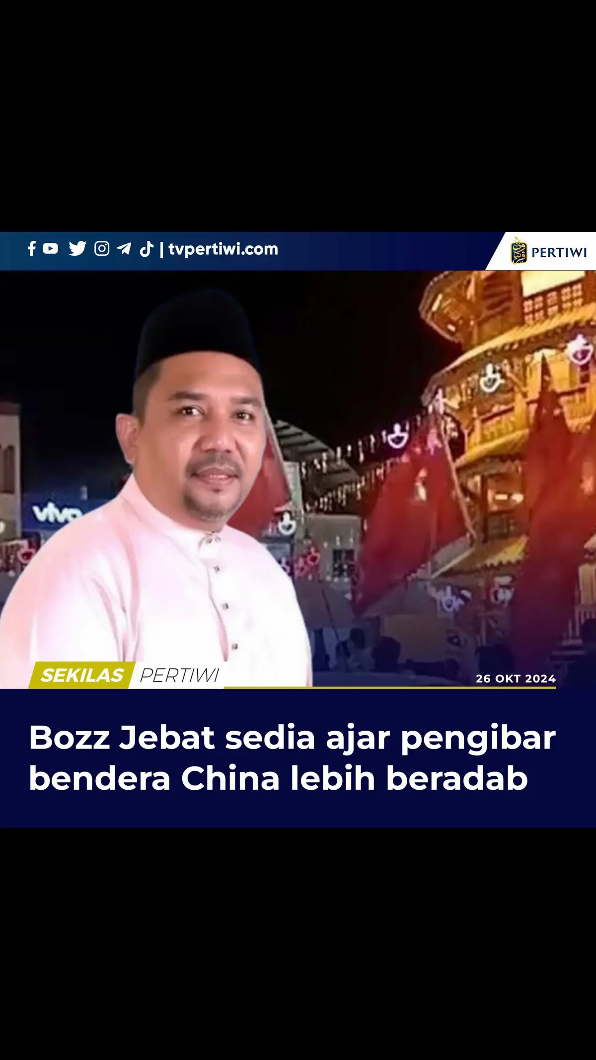 Sekretariat Pembela Tanah Air (PETA), Zool Amali Hussin, bersedia menggalas tanggungjawab mendidik pengibar bendera China di Teluk Intan, Perak.  Beliau yang juga dikenali dengan nama Bozz Jebat berkata, beliau bersedia menggalas tanggungjawab itu selepas ketiadaan Hang Tuah.  “Jika dahulu kita boleh harapkan Tuah untuk melaksanakan tugas-tugas Tuanku, tidak mengapa kali ini Tuanku serah sahaja pada Jebat.  “Untuk melaksanakan tugas mengajar mereka semua lebih beradab dan lebih bertanggungjawab untuk menghormati Perlembagaan negara,” katanya.  Beliau berkata demikian menerusi coretan di Facebook miliknya hari ini mengulas himpunan mengibarkan bendera China di Teluk Intan kelmarin.  Katanya, Majlis Raja-Raja perlu bertindak lebih tegas agar insiden sama tidak berulang.  “Akhir-akhir ini terlalu kerap isu sensitif berlaku di sekeliling kita seperti apa yang berlaku di Teluk Intan.  “Perarakan yang difahamkan tiada permit, mempromosikan negara lain di tanah yang berdaulat ini sambil mengibarkan bendera negara China. “Ini betul-betul kurang ajar, tiada kesopanan dan kesusilaan serta tiada ciri-ciri kesetiaan kepada raja dan negara,” katanya.  IKLANKAN BISNES ATAU PRODUK ANDA DI TV PERTIWI http://www.wasap.my/60185772915/iklanpertiwi  #BozzJebat #benderaChina #RajaMelayu #PETA