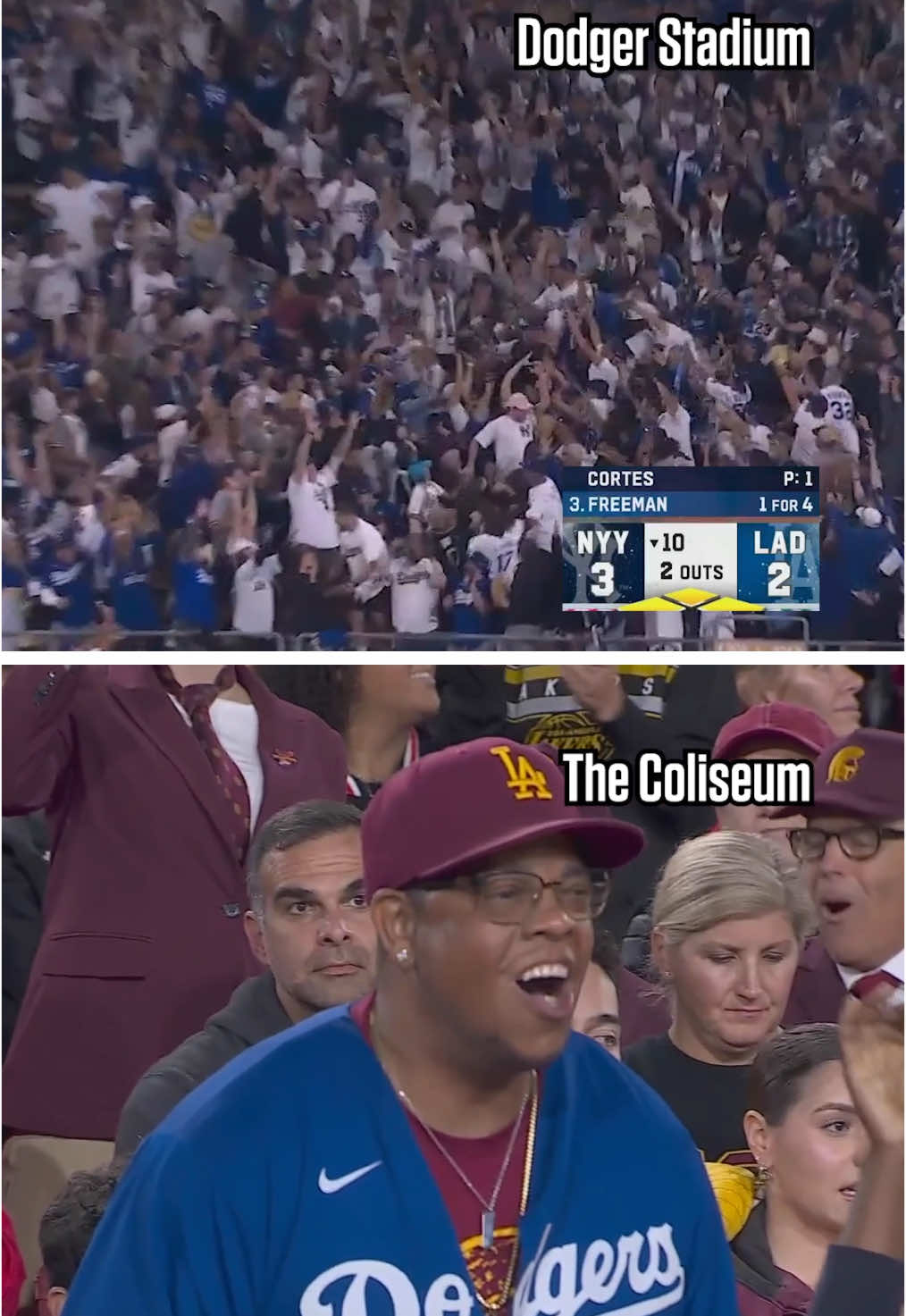 WHAT A NIGHT FOR SPORTS FANS IN LOS ANGELES 😤🔥 Fans celebrated in the Coliseum as the Dodgers walked off Game 1 of the World Series just 6 miles away 💪 #cfbonfox #cfb #losangeles #cfp #CollegeFootball #MLB #baseball #dodgers #usc #fighton #WorldSeries