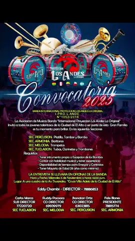 CONVOCATORIA 2025‼️ Esta es tu oportunidad comenta si estas interesado o escribenos para poder agregarte al Grupo 😎🎉#banda #ConMuchaElegancia #LaOriginal #convocatoria #musica #losandes #tinku #caporales #morenada #lapaz_bolivia🇧🇴 #elaltobolivia🇧🇴🥰 