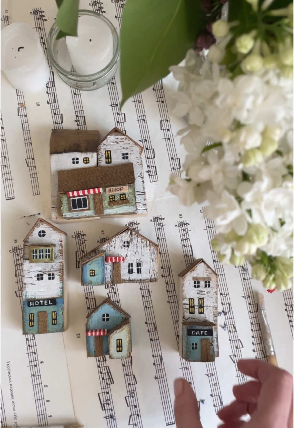 I made these houses in the spring.  I want to leave it here because I really love how it turned out 🏠🤩  #woodendecor #diyproject #woodworking #satisfyingvideo #farmhousedecor #woodenhouses #miniaturehouses #driftwood 