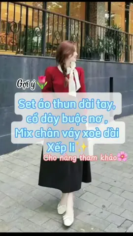 Set áo thun dài tay phối dây buộc nơ, mix chân váy dáng dài xếp li #xuhướng #setaovayxinh #vaytieuthu #xh #xuhuongtiktok2024❤️🌈✔️ #moingaymotoutfit 