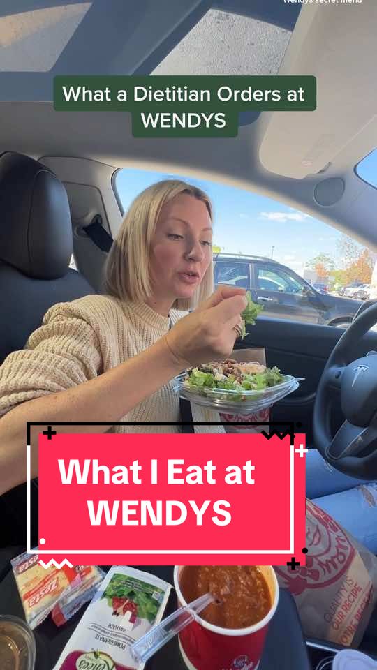 You know I love a good drive thru meal when I’m on the run. I love getting a salad, chilli, and a frosty to get my protein, fiber, and a little bit of fun. 🥤🥗 #wendys #drivethru #dietitiansoftiktok #fastfood #frosty 