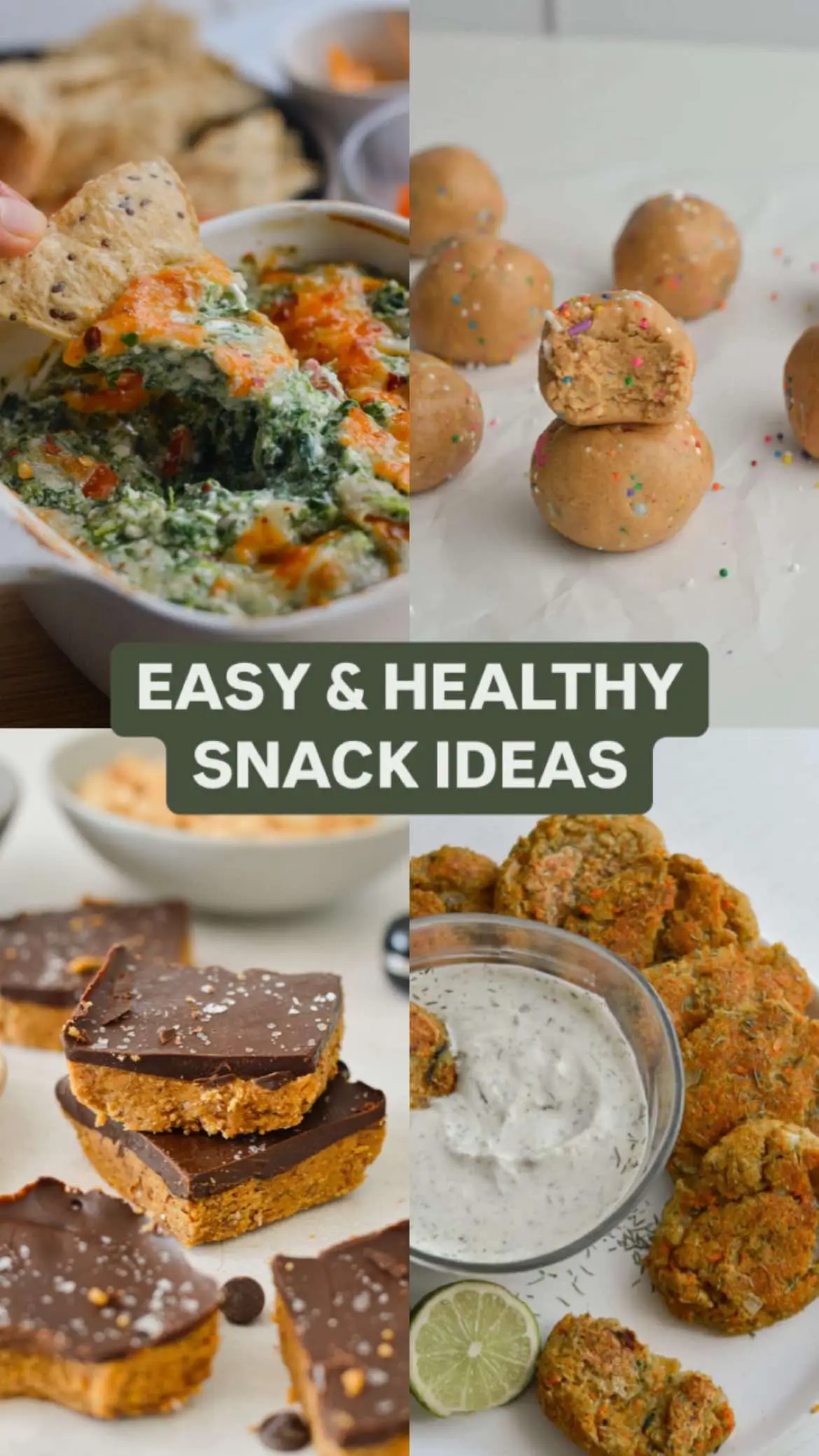 I like to meal prep 1-2 snacks to have on hand to keep me energized between meals throughout the week! My formula for building a balanced snack is carb + protein + healthy fat and I try to aim for at least 2/3 of these groups in each snack I make!  SO I've included five of my absolute FAVOURITE breakfast ideas for you to choose from: 1. Air fryer cottage cheese spinach dip 2. Chocolate peanut butter protein bars 3. Birthday cake protein balls 4. Chickpea veggie fritters 5. Granola bars with yogurt coating All recipes can be found in my bio! - - - -  #mealprep #easysnack #healthylifestyle #snackidea #easymeals