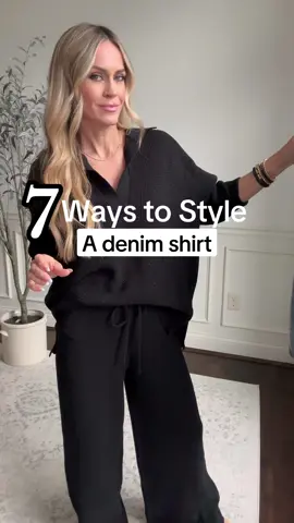7 ways to style a denim shirt for fall - which way would you wear this? This can all be found in my profile  #casualoutfitideas #easyoutfits #falloutfitideas 