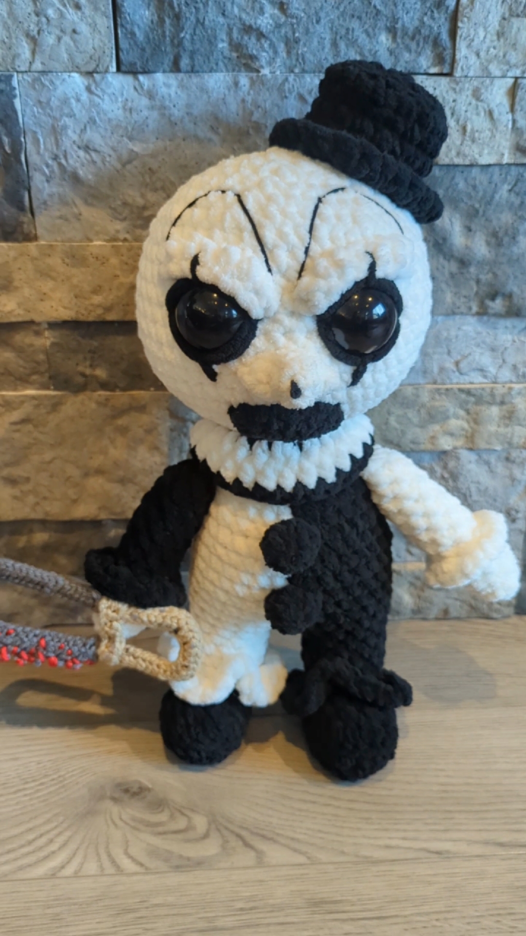 Crochet an Art The Clown with me! Look at this Art the Clown Crochet Doll from the Terrifier series! 🖤🤍 This spooky plushie is crocheted by me! Standing at approximately 18 inches tall, this doll features Art's signature black and white clown costume, complete with his menacing grin and haunting eyes. Whether you're a fan of the Terrifier series or just love spooky plushies, Art the Clown is ready to bring a touch of terror to your home. Check him out in my Etsy shop and add a piece of horror history to your collection!  #arttheclown #arttheclownedit #arttheclowncosplay #terrifier #terrifier3 #crochet #crochetersoftiktok #madebyme #crochetdoll #halloweencostume #halloween2024  pattern by @DoneByDonielle 