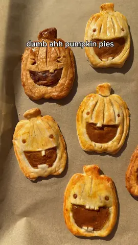 Dumb ahh Mini Pumpkin Pies 🎃 📝Ingredients:  1 box of bought pie dough, containing two sheets 4 oz whipped plain cream cheese 1/4 cup sugar (preferably brown sugar) 3 tbsp maple syrup  1/2 cup pumpkin puree 1/2 tsp pumpkin pie spice 1/2 tsp cinnamon  Pinch of salt 1 egg, beaten, for egg wash  🛠️Tools: Pumpkin cookie cutter  X-acto knife Pastry brush  🥧Bake at 400F for 12 minutes in a regular oven  Or 375F for 10 minutes in an airfryer  #creatorsearchinsights #dumbahhpumpkin #goofyahh #pumpkinpie #pumpkin #pumpkincarving 
