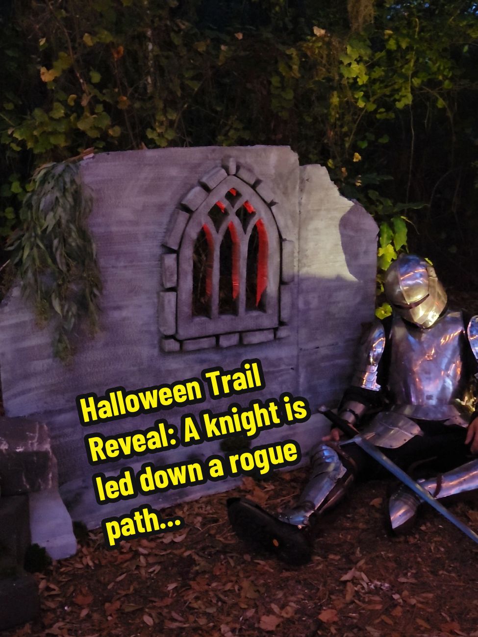 We'd be lying if we said this part of our trail was complete (still more traditional fairytale references coming, hint hint at that tower 😉), but here is our favorite addition to our Halloween display this year! We love all things medieval and had to incorporate our knightly ways into the display this year. Should we stick a few gnomes in here too? 🗡🛡 #halloween #halloweendecor #knight #medieval #halloween2024 #spooky #spookyszn #spookyseason #haunt #homehaunt #castle #onceuponatime #armor #fyp #medievaltok #fairytale #storybook #🎃 #bardcore #cottagecore #sword #dragon #skeleton 