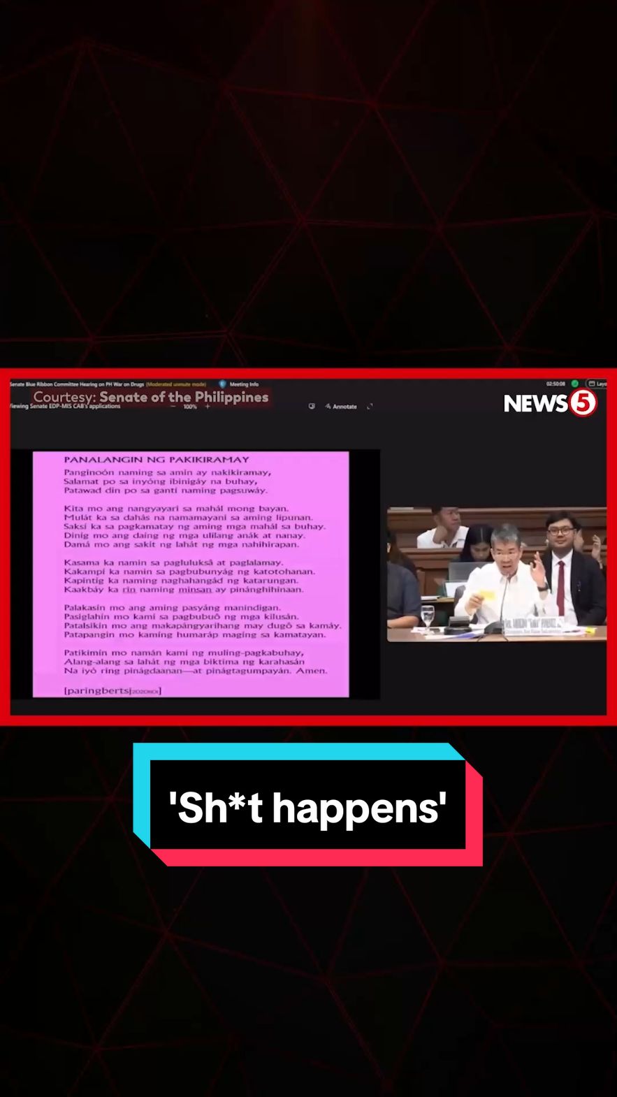 Dumepensa si Sen. Bato dela Rosa sa naging pahayag niyang “sh*t happens” kaugnay ng pagkamatay ng isang tatlong taong gulang na babae sa buy-bust operation ng mga pulis noong 2019. Ani Dela Rosa, hindi niya intensyong i-degrade ang pagkamatay ng bata. Giit pa niya, nasabi niya ito dahil hindi perpekto ang operasyon at hindi kontrolado ang environment. May buwelta naman ang senador kay Fr. Flavie Villanueva ng Paghilom Program na isa sa resource person na humarap sa pagdinig ng Senado hinggil sa war on drugs ngayong Lunes, October 28. Nagiging problema lang aniya ang kaniyang pahayag dahil ginagamit umano ito para sa propaganda. #News5