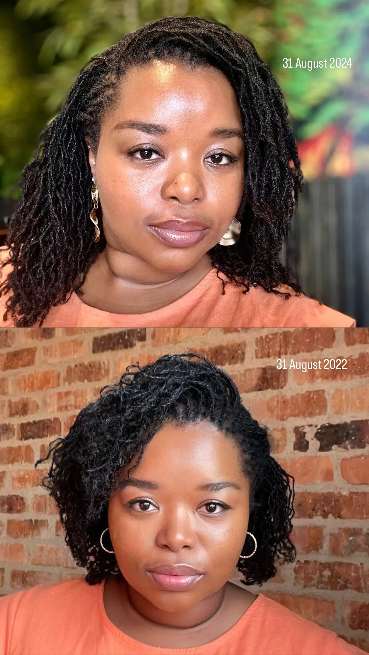 It is important to take many pictures of your #microloc #sisterlocks journey. It is very easy to miss the progress of your #hairgrowth and #lock maturity if you don’t. These pictures were taken 2 years apart - I am wearing the same dress so you can easily spot the difference.