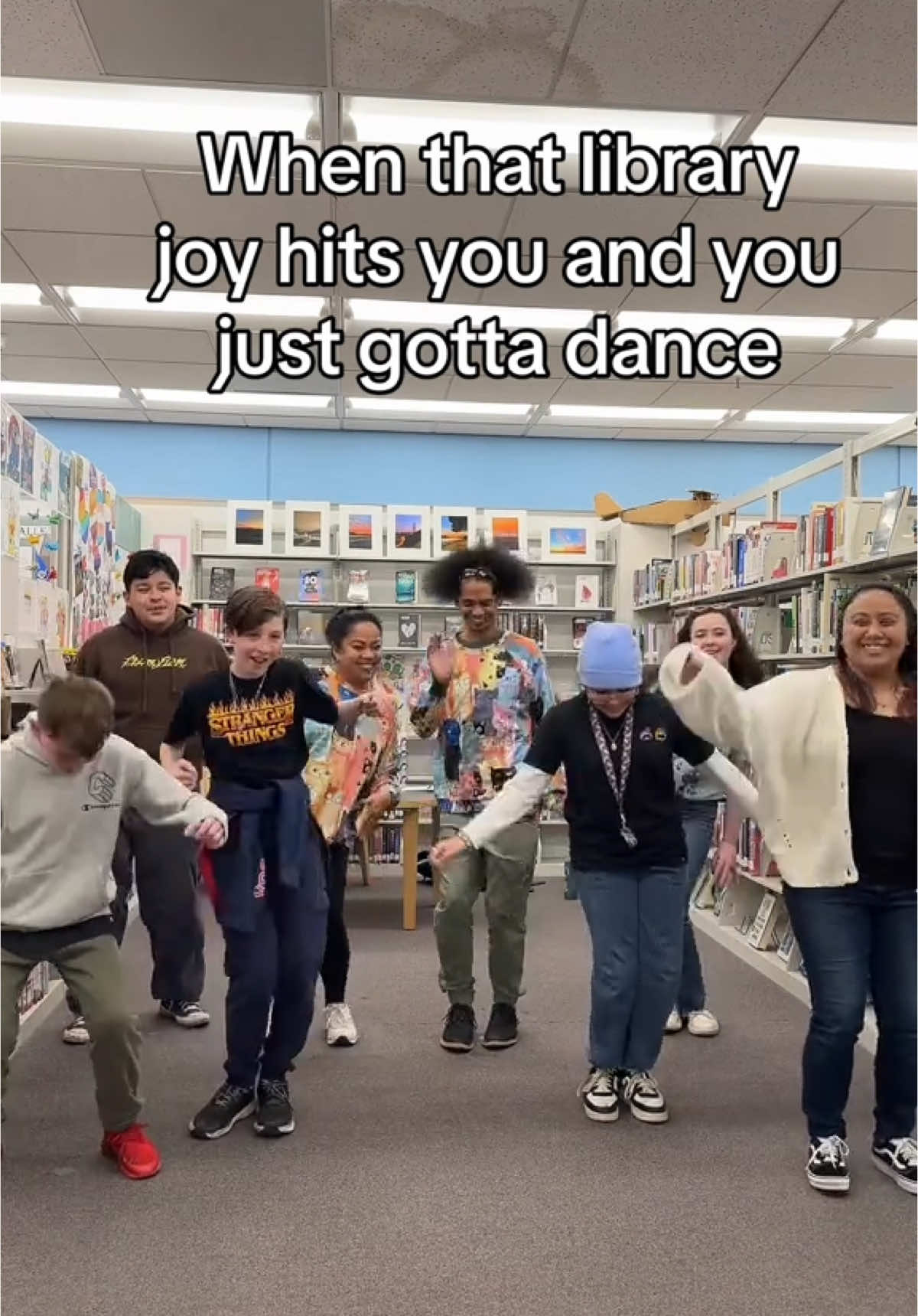 Library joy, the only thing that compels me to dance 🤣✨ Video description: Mychal, library staff, and Rio Vista Library Kids begin shaking out their sillies to SpongeBob stadium music. Text reads, “When that library joy hits you and you just gotta dance” #BookTok #LibraryTikTok @Solano County Library 