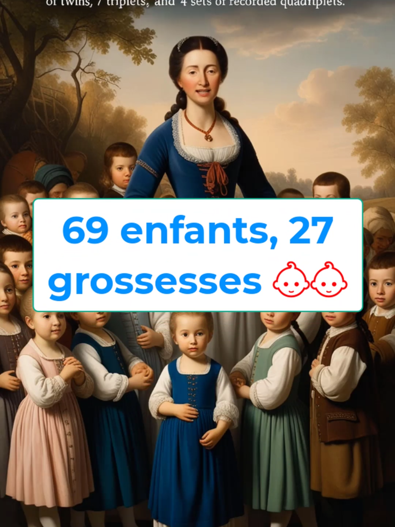 👶👶 69 enfants, 27 grossesses : l’incroyable histoire de Valentina Vassilyeva, la femme la plus fertile de tous les temps ! 🍼✨ Tu n'en croiras pas tes yeux ! #ia #ai #record #incroyable #histoirevraie @racontemoi.une.hi5  Valentina Vassilyeva, une paysanne russe du 18ᵉ siècle, est souvent citée comme la femme ayant eu le plus grand nombre d’enfants dans l’histoire. Née autour de 1707, elle aurait donné naissance à 69 enfants au total, ce qui représente un record mondial. Entre 1725 et 1765, elle aurait eu 27 grossesses, incluant 16 paires de jumeaux, 7 ensembles de triplés et 4 ensembles de quadruplés. Ce nombre incroyable de naissances a suscité fascination et scepticisme à travers les siècles, car il défie les normes médicales et biologiques connues. L'histoire de Valentina fut d'abord rapportée dans des documents historiques russes et ensuite relayée en Europe, notamment dans les écrits d’un monastère de Moscou. Sa vie quotidienne devait être marquée par les réalités éprouvantes du travail agricole et de la vie rurale de cette époque, des responsabilités considérables pour gérer une si grande famille dans des conditions modestes. Son histoire reste énigmatique et est parfois remise en question, car peu de détails concrets et vérifiables existent à son sujet. Cependant, la légende de Valentina Vassilyeva incarne un témoignage exceptionnel de maternité et de résistance au temps, conservant une place unique dans les récits historiques de la maternité.
