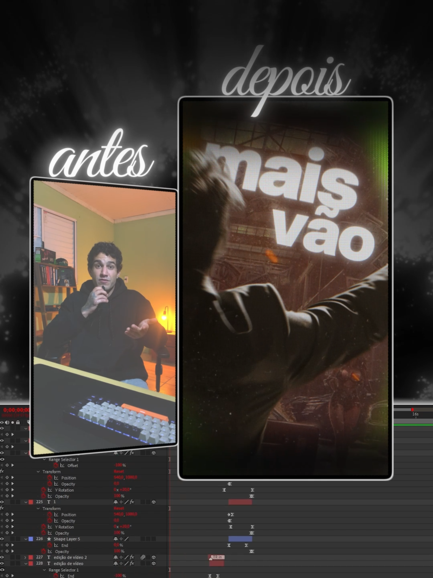 Revelação da timeline de Edição. Antes e Depois de um dos meus conteúdos. Editei o vídeo inteiro no Adobe After Effects, depois fiz a sonorização através do Premiere Pro. Me conta aqui nos comentários oque você achou dessa Edição. #edicaodevideo #editordevideo #dicasdeedicao #criadordeconteudo #adobeaftereffects #premierepro