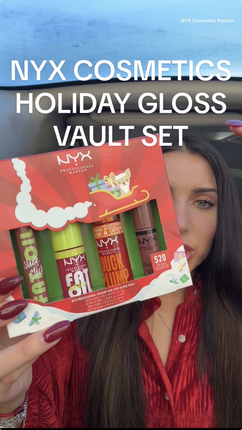 $39 of lippies for $20?! @NYX Professional Makeup just dropped their Fan Faves Gloss Vault  Holiday Set! 🎁 Includes 4 full size lippies: ✨fat oil slick click in shade # “5” ✨ fat oil lip drip in “missed call” ✨ duck plump in “cherry spice” ✨ butter gloss in “ginger snap” The perfect affordable stocking stuffer! Limited edition so grab it while you can! 🏃 #nyxcosmeticspartner #nyxcosmetics #beautydeals #lipcombo #affordablemakeup #affordablelipcombo #beautyholidaysets #stockingstuffers #makeupgiftset #tiktokshopblackfriday #tiktokshopcybermonday #starcreatorchallenge #ttsbeautybesties #fatoillipdrip #buttergloss #duckplump #lipplumper #lipgloss #fatoilslickclick 