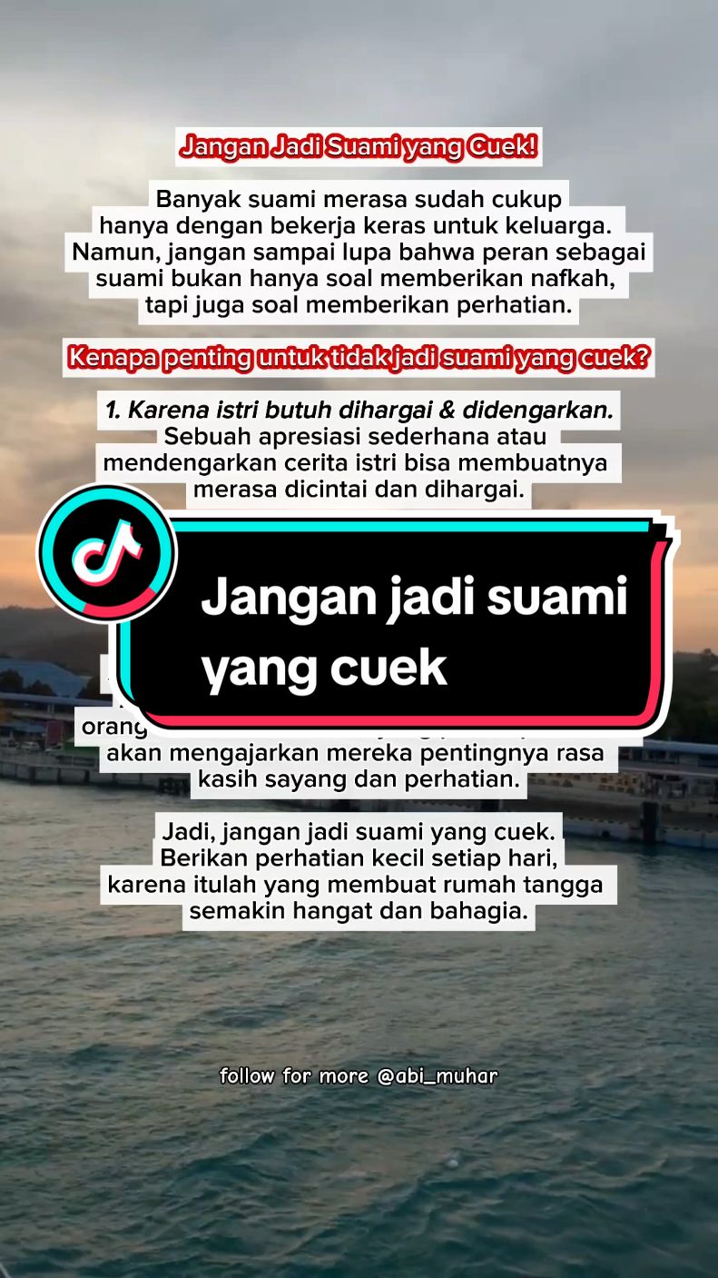 Jangan jadi suami yang cuek! Perhatian kecil, seperti mendengarkan dan menghargai istri, justru adalah bahan bakar cinta dalam pernikahan. Yuk, beri perhatian lebih agar hubungan semakin harmonis! ❤️  #suamipenyayang  #keluargaharmonis  #perhatiankecil #tipsparentinganakusiadini #abimuhar #parents #parentingtips 