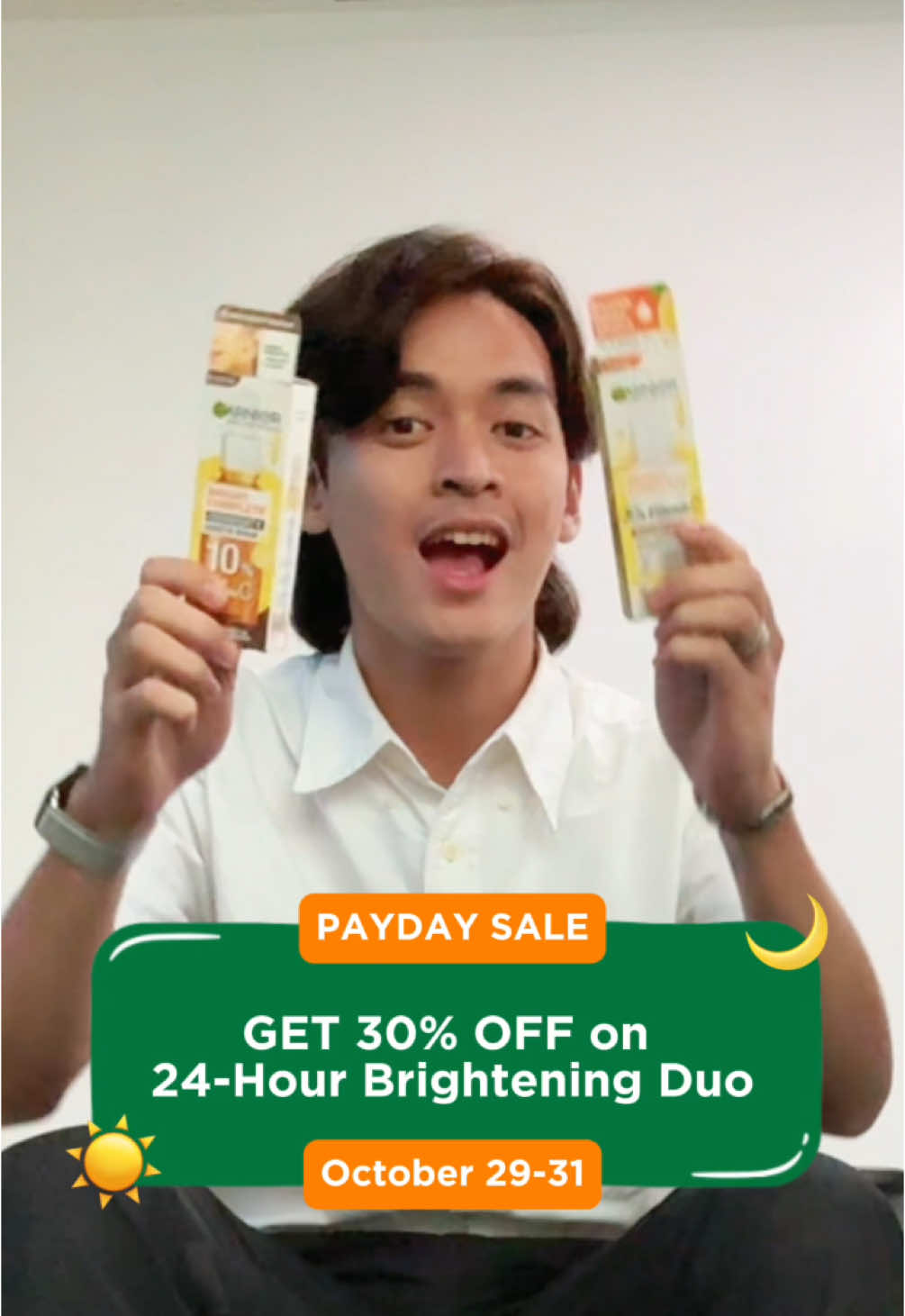 30% OFF on Garnier's 24-Hour Brightening Duo Serum this October 29-31 PayDay Sale 🤩! Watch our livestreams for more deals and discounts 💛🧡🛍️🛒 Garnier is approved by Cruelty Free International under the Leaping Bunny Programme. Vegan formula = No animal derived ingredients #GarnierPH #GarnierGang #Skincare #GarnierSale