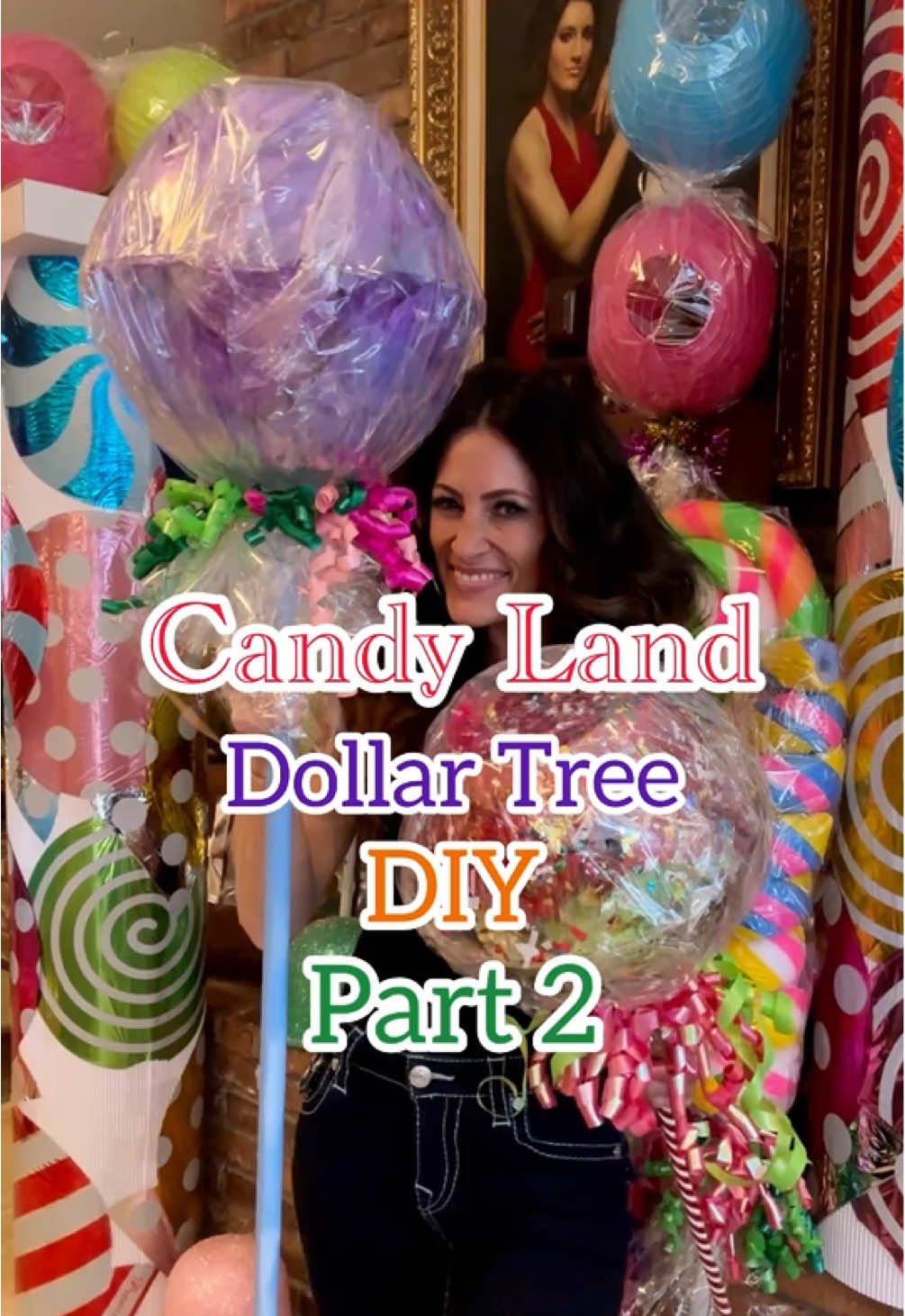 🍬 Candy Land Lollipop DIY Last week was a whirlwind of making so many different kinds of props for Trunk or Treat. Whether at home or between clients at work, I was a Candy Land DIY machine 🤣. You can't have Candy Land without lollipops! These were so affordable to make, and all that plastic wrap and confetti glistened in the sun 🤩. They were the perfect addition to the theme! Items needed from DT: -plastic bowls -broomsticks -giant candy canes -tissue paper -mod podge -colorful confetti  -clear wrapping plastic -bows Directions: -Using a heating tool, melt a hole in the center of the bowl's bottom.  -For one lollipop, slide the broomstick through and hot glue to secure. For the other, snap off the hook of the candy cane, slide the remaining stem through the hole, and use hot glue to secure it.  -Fill the bowl with colorful tissue paper and hot glue the top bowl to the bottom bowl, creating a round shape.  -For one lollipop, wrap with clear wrapping plastic and secure wrap with bows. For the other, first, apply Mod Podge to the giant lollipop and sprinkle it with confetti. Once dry, add your plastic wrap and bows.  -Enjoy!! #bethanyscasa #candyland #dollartree @dollartree #dollartreediy #partyprops #trunkortreat #candylandtheme #giantlollipop #lollipops 