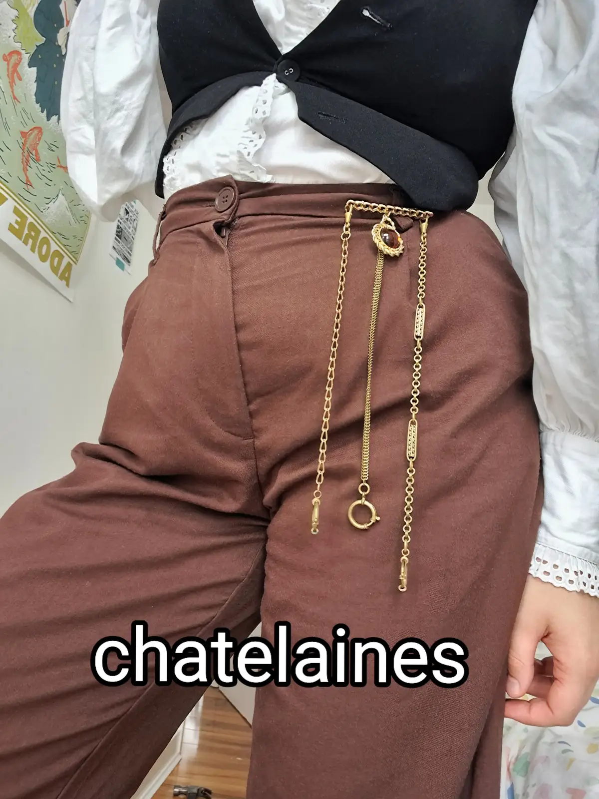 Chatelaines were used by victorian women to  trinkets and sewing supplies for easy access I've got 4 chatelaines available on the @cotton_dandy_ d*pop. All are made from vintage deadstock brooches and chains  #queerfashion #lesbianfashion #carabiner #vintage #vintagefashion #victorianfashion #historicalfashion #jewelry