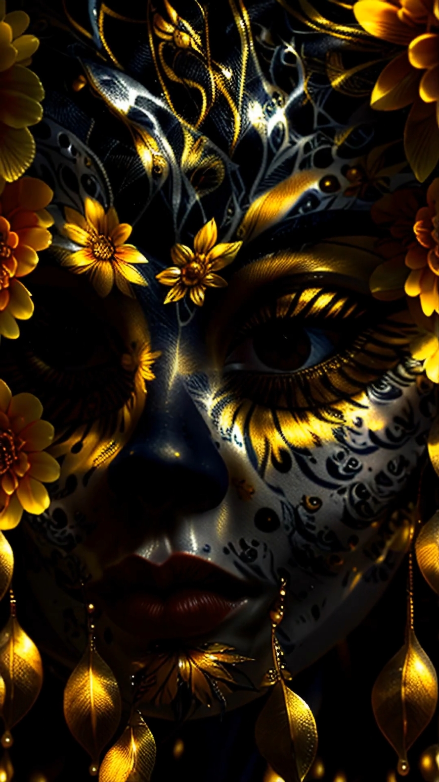 Radiant Marigold Splendor: A close-up captures a Catrin’s face, beautifully adorned with golden marigolds painted around her eyes, each petal meticulously detailed to create a floral frame. Intricate patterns of black and gold extend from her eyes, radiating outward in delicate lines that mimic the sun’s rays, evoking a regal, warm aura. Small golden leaves branch from the floral design, adding elegance and a touch of natural grace to the composition. The marigolds’ vibrant gold against her soft skin creates a harmonious blend, conveying a sense of life, remembrance, and beauty. #LiveWallpaper #AIWallpapers #CatrinElegance #GoldenMarigolds #RegalBeauty #DiaDeLosMuertos #RadiantAura #FloralGrace #EtherealArt #SunlitElegance #WarmGlow 