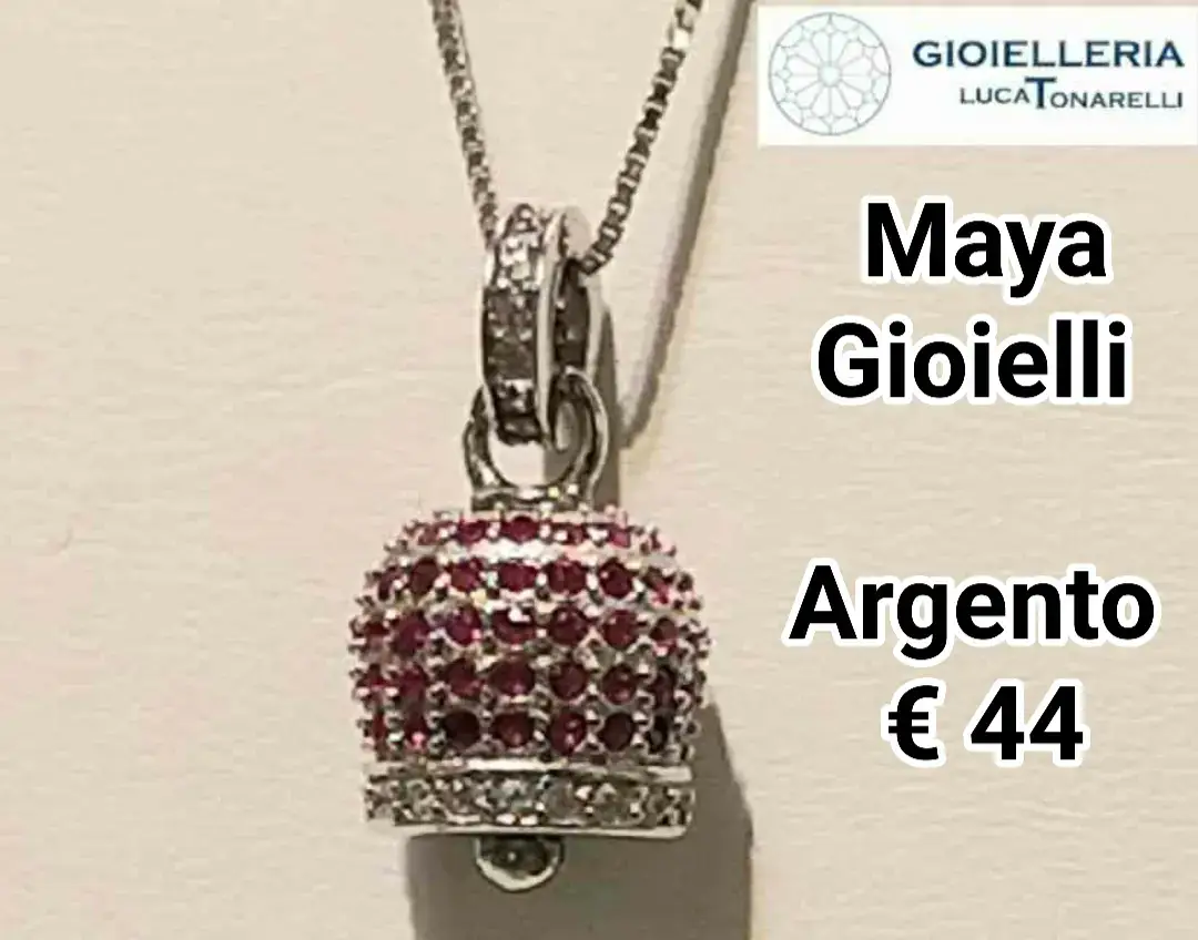 Maya Gioielli ❤❤❤ Collana con ciondolo a forma di campanella portafortuna, in Argento 925 millesimi,  rodiata, con pietre rosse e bianche. € 44 🥰🥰🥰 Scelta da noi per te‼😍😍😍 👉Scopri l'intera collezione Maya Gioielli presso la Gioielleria Tonarelli 