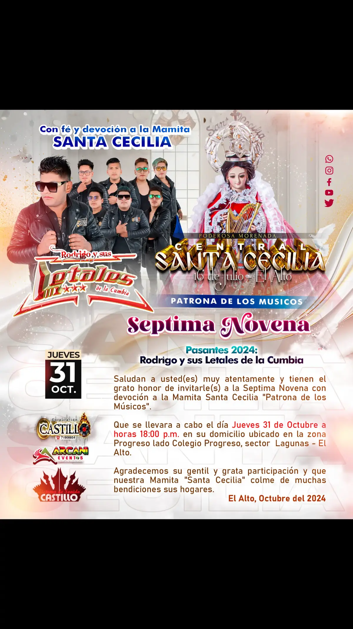 🔴𝐆𝐑𝐀𝐍 𝐈𝐍𝐕𝐈𝐓𝐀𝐂𝐈Ó𝐍🔴  𝐜𝐨𝐦𝐩𝐚𝐝𝐫𝐞 𝐲 𝐜𝐨𝐦𝐚𝐝𝐫𝐞𝐬 𝐃𝐞𝐯𝐨𝐭𝐨𝐬 𝐝𝐞 𝐥𝐚 𝐦𝐚𝐦𝐢𝐭𝐚 𝐒𝐚𝐧𝐭𝐚 𝐂𝐞𝐜𝐢𝐥𝐢𝐚 𝐂𝐞𝐧𝐭𝐫𝐚𝐥 𝟏𝟔 𝐝𝐞 𝐣𝐮𝐥𝐢𝐨. 𝐐𝐮𝐞𝐝𝐚𝐧 𝐂𝐨𝐫𝐝𝐢𝐚𝐥𝐦𝐞𝐧𝐭𝐞 𝐢𝐧𝐯𝐢𝐭𝐚𝐝𝐨𝐬 𝐚 𝐥𝐚 7ma 𝐧𝐨𝐯𝐞𝐧𝐚 a 𝐫𝐞𝐚𝐥𝐢𝐳𝐚𝐫𝐬𝐞 𝐞𝐬𝐭𝐞 𝐣𝐮𝐞𝐯𝐞𝐬 31 𝐝𝐞 Octubre. 𝐀𝐭𝐭. #𝐆𝐄𝐒𝐓𝐈𝐎𝐍_𝐋𝐄𝐓𝐀𝐋𝐄𝐒_𝐃𝐄_𝐋𝐀_𝐂𝐔𝐌𝐁𝐈𝐀 @Arcani Eventos Show @Achasanz producciones @Secoya Bolivia @AZUCAR PRODUCCIÓNES @amar amor y sonido Castillo 