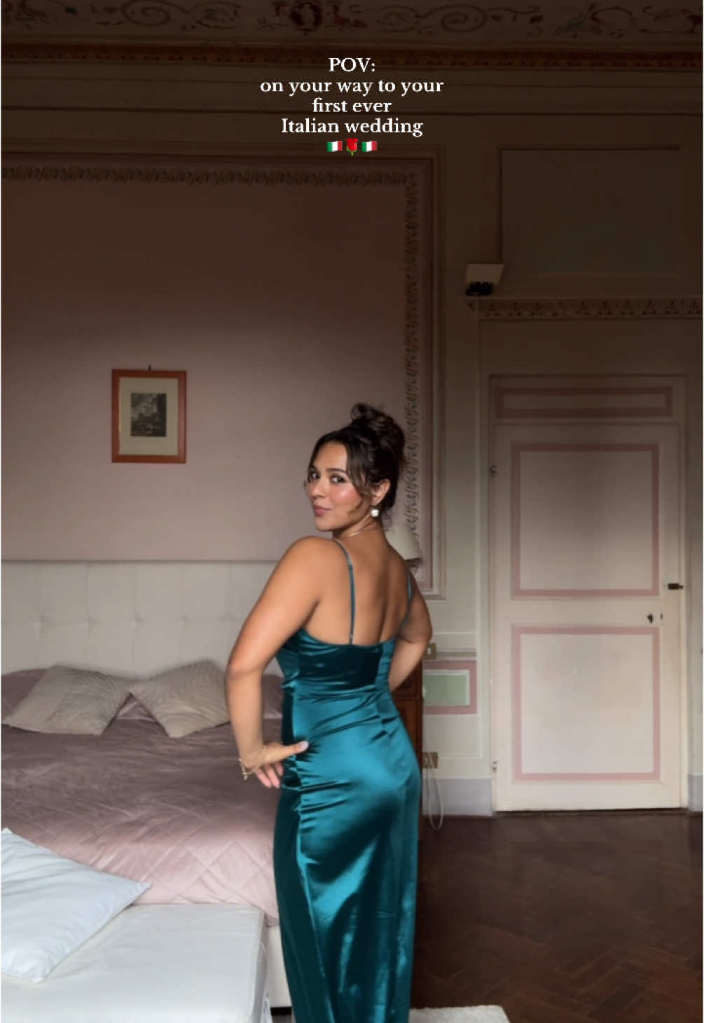 todays ootd is a tad bit ✨fancier✨… 😘🇮🇹🌹 also how gorgeous is this room?! 🫶🏽🫶🏽🫶🏽 #OOTD #wedding #italy #fashion #outfitinspo 