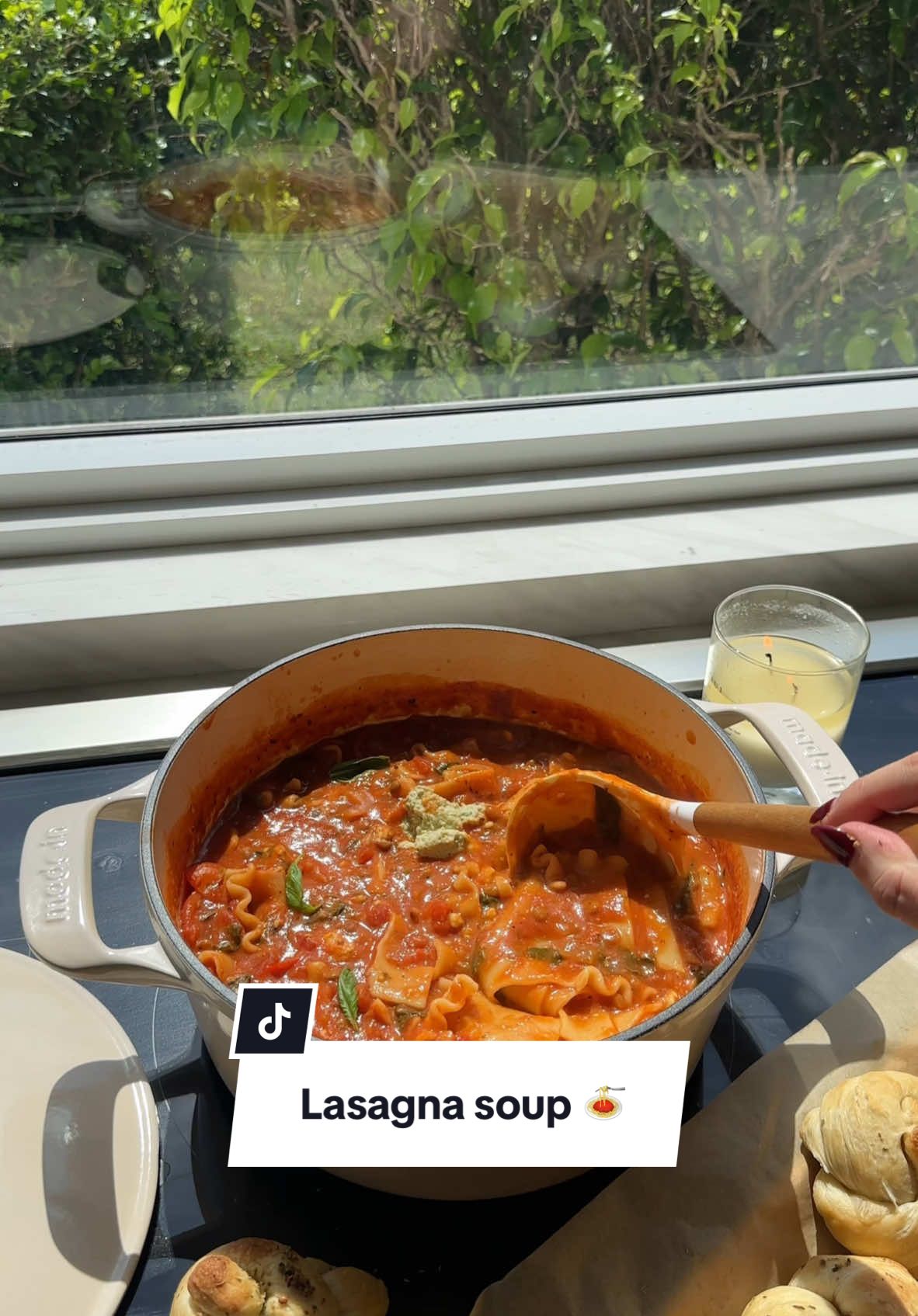 life-changing LASAGNA SOUP 🍝 ! #partner   Ingredients:  2 tbsp olive oil  5 garlic cloves, minced  1/2 white onion, diced 2 cups halved cherry tomatoes  2 tbsp tomato paste 14 oz crushed tomatoes 1 32 oz jar marinara sauce 1 14 oz can lentils, drained and rinsed 8 oz lasagna noodles, broken up Pizza dough for garlic knots 2 cups fresh spinach   2 tsp Italian seasoning  2 tbsp fresh parsley garnish  Fresh basil garnish  1 tsp salt 1 tsp pepper  Ricotta of choice: I made homemade tofu cashew ricotta! But you can also buy any kind you like!  Tofu Ricotta:  1/2 block firm tofu  1 cup raw cashews (boiled for 5 minutes)  1/2 cup fresh basil  1 tsp garlic powder  2 tbsp nutritional yeast  2 tbsp dairy free milk  1 tsp salt Pepper to taste  (Blend in food processor until smooth)  Garlic knots: you need 1 package of fresh pizza dough, cut into 6 pieces, roll into long logs, tie in knots, lay on baking sheet lined with parchment paper, brush with olive oil/minced garlic, sprinkle on Italian seasoning and bake for 10-15 minutes until golden.  How to:  1. Bake garlic knots.  2. Saute garlic and onion in olive oil on medium heat  3. Add cherry tomatoes and saute a few more minutes  4. Add the rest of the ingredients except ricotta and garnishes. Then bring to a boil then cover and cook on medium stirring every few minutes  5. Make ricotta while soup cooks. Add half of it into the soup when it’s done and stir well.  6. Garnish with parsley and basil. Top each bowl of soup with garnish and a little more ricotta.  7. Dip garlic knots in! Enjoy!  I got all my ingredients from @Sprouts Farmers Market ❤️